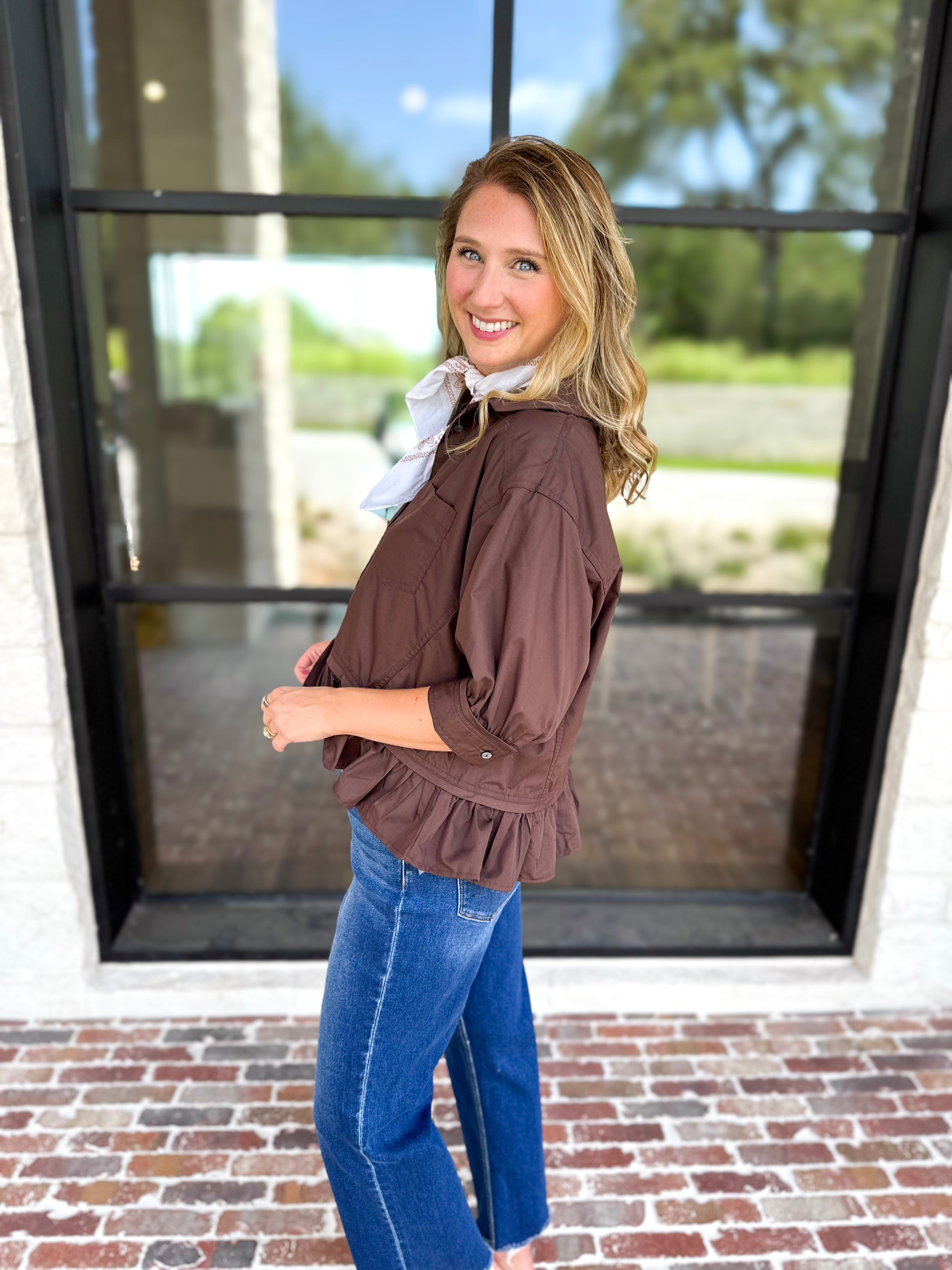 Effortless Ruffle Hem Blouse - Brown-200 Fashion Blouses-ENTRO-July & June Women's Fashion Boutique Located in San Antonio, Texas