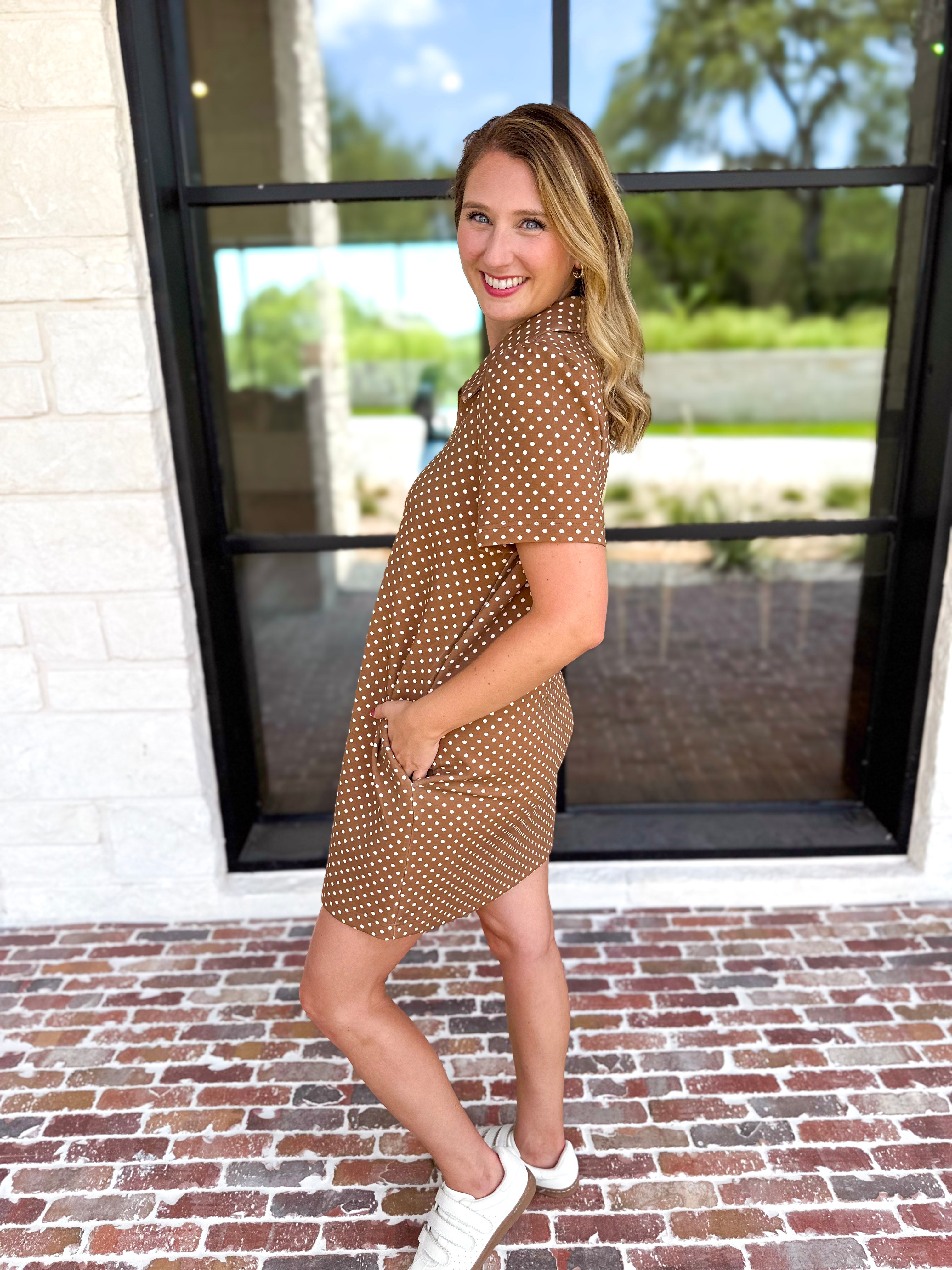 Polka Dot Athletic Mini Dress - Carmel-510 Mini-ENTRO-July & June Women's Fashion Boutique Located in San Antonio, Texas