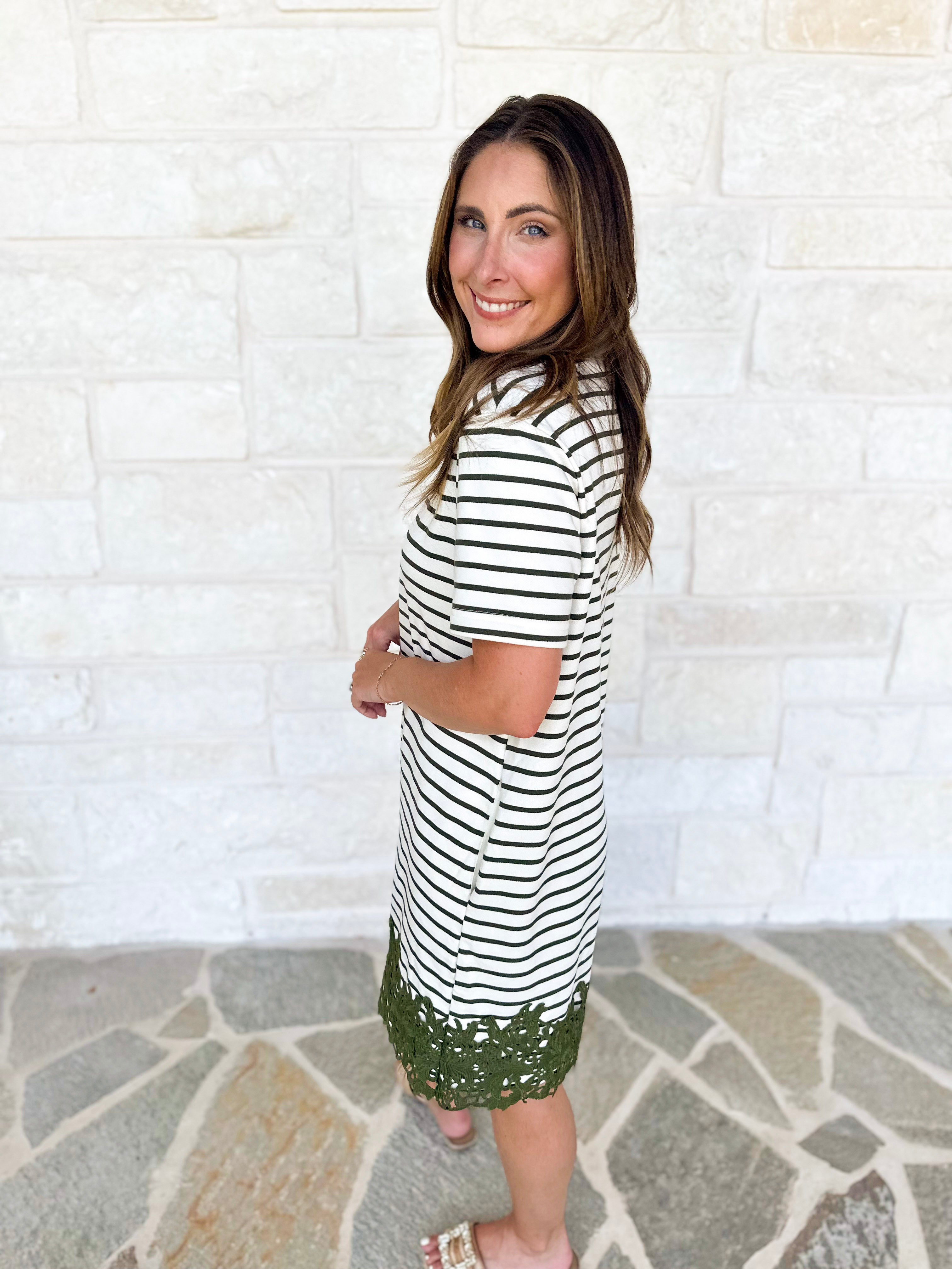Stripes & Lace Shift Dress - Olive & Cream-510 Mini-ENTRO-July & June Women's Fashion Boutique Located in San Antonio, Texas