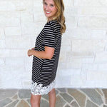 Stripes & Lace Shift Dress - Black-510 Mini-ENTRO-July & June Women's Fashion Boutique Located in San Antonio, Texas