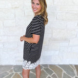 Stripes & Lace Shift Dress - Black-510 Mini-ENTRO-July & June Women's Fashion Boutique Located in San Antonio, Texas