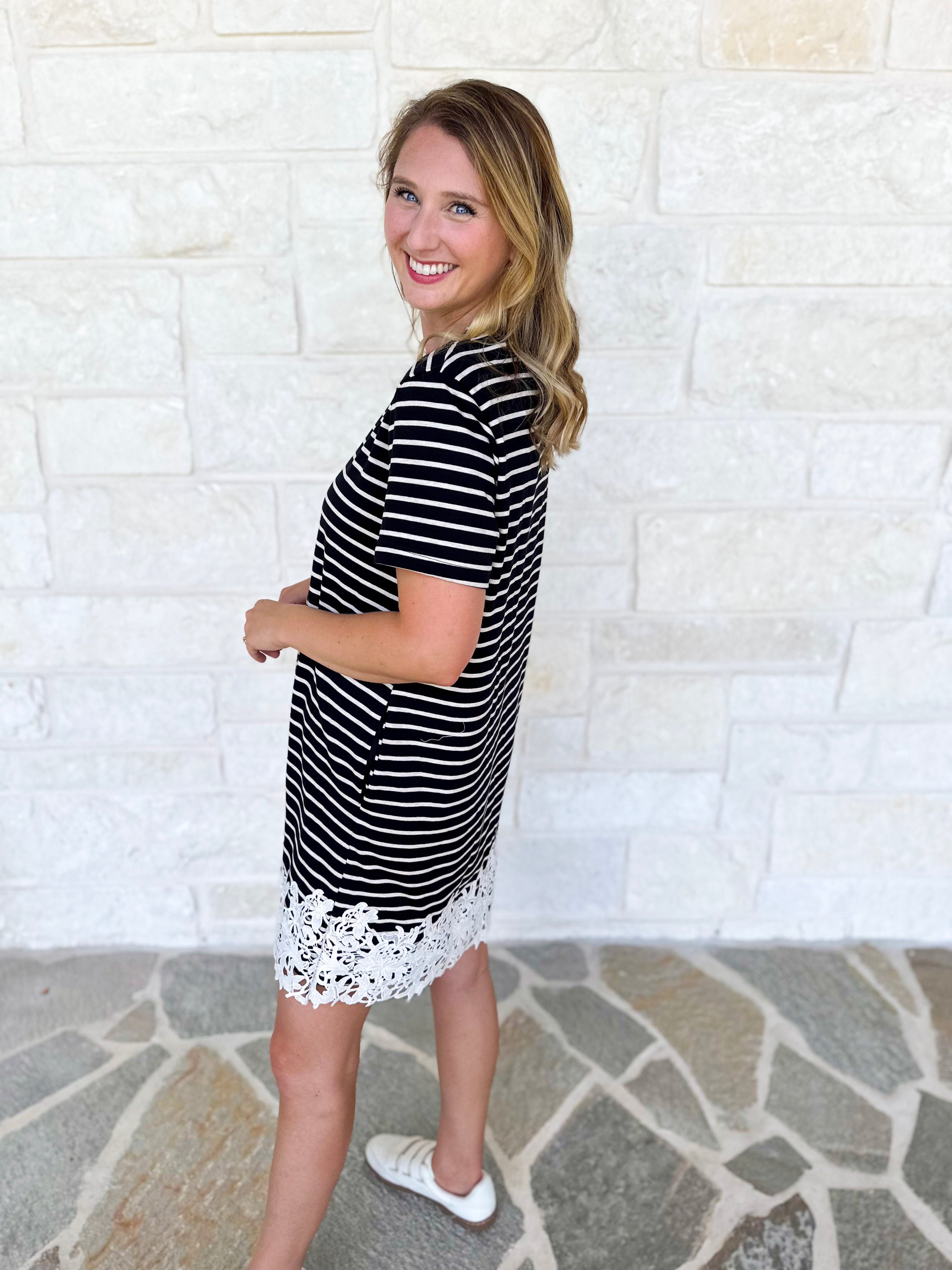Stripes & Lace Shift Dress - Black-510 Mini-ENTRO-July & June Women's Fashion Boutique Located in San Antonio, Texas