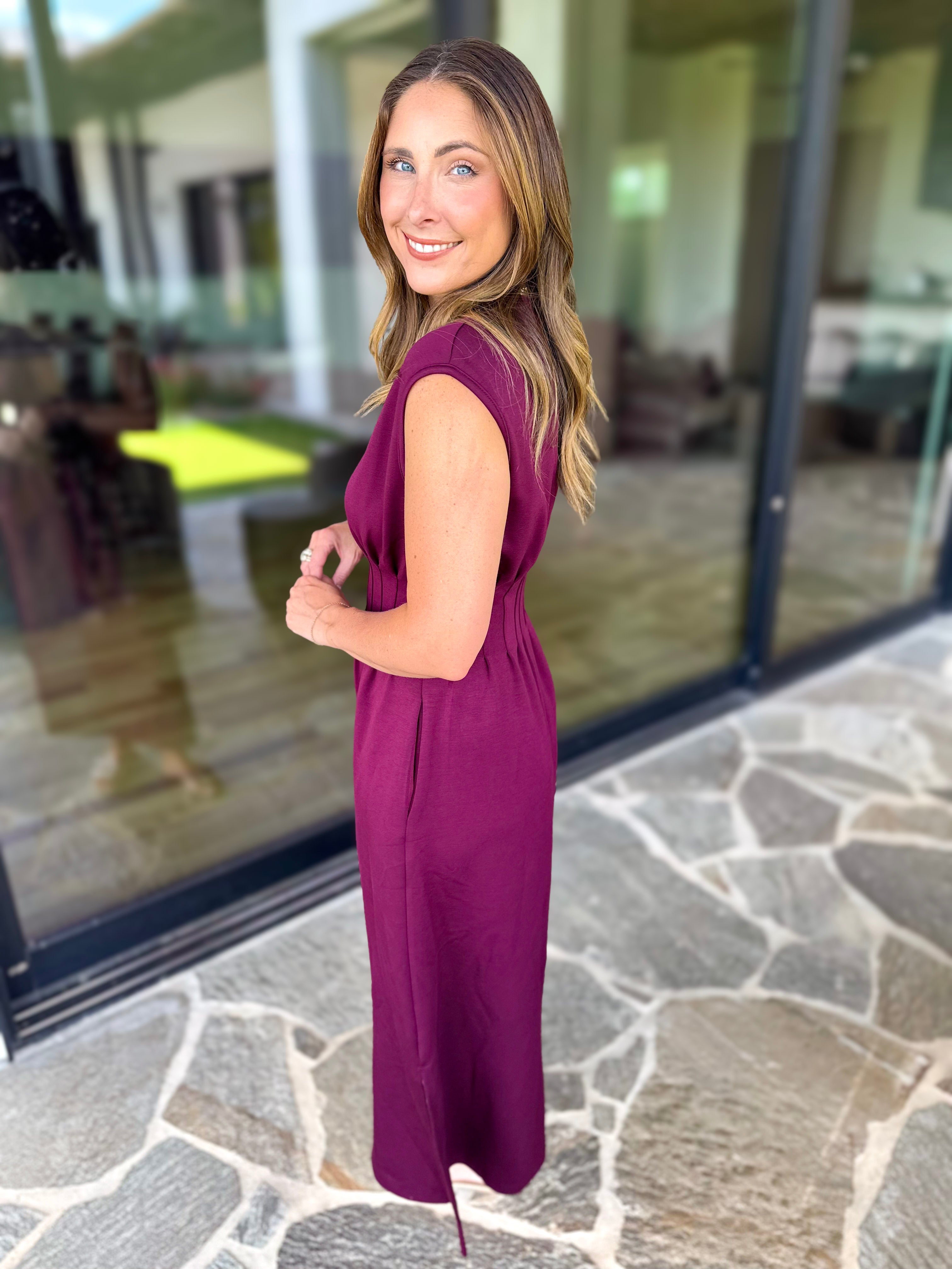 Polished Pin-Tuck Midi Dress - Burgundy-500 Midi-ENTRO-July & June Women's Fashion Boutique Located in San Antonio, Texas