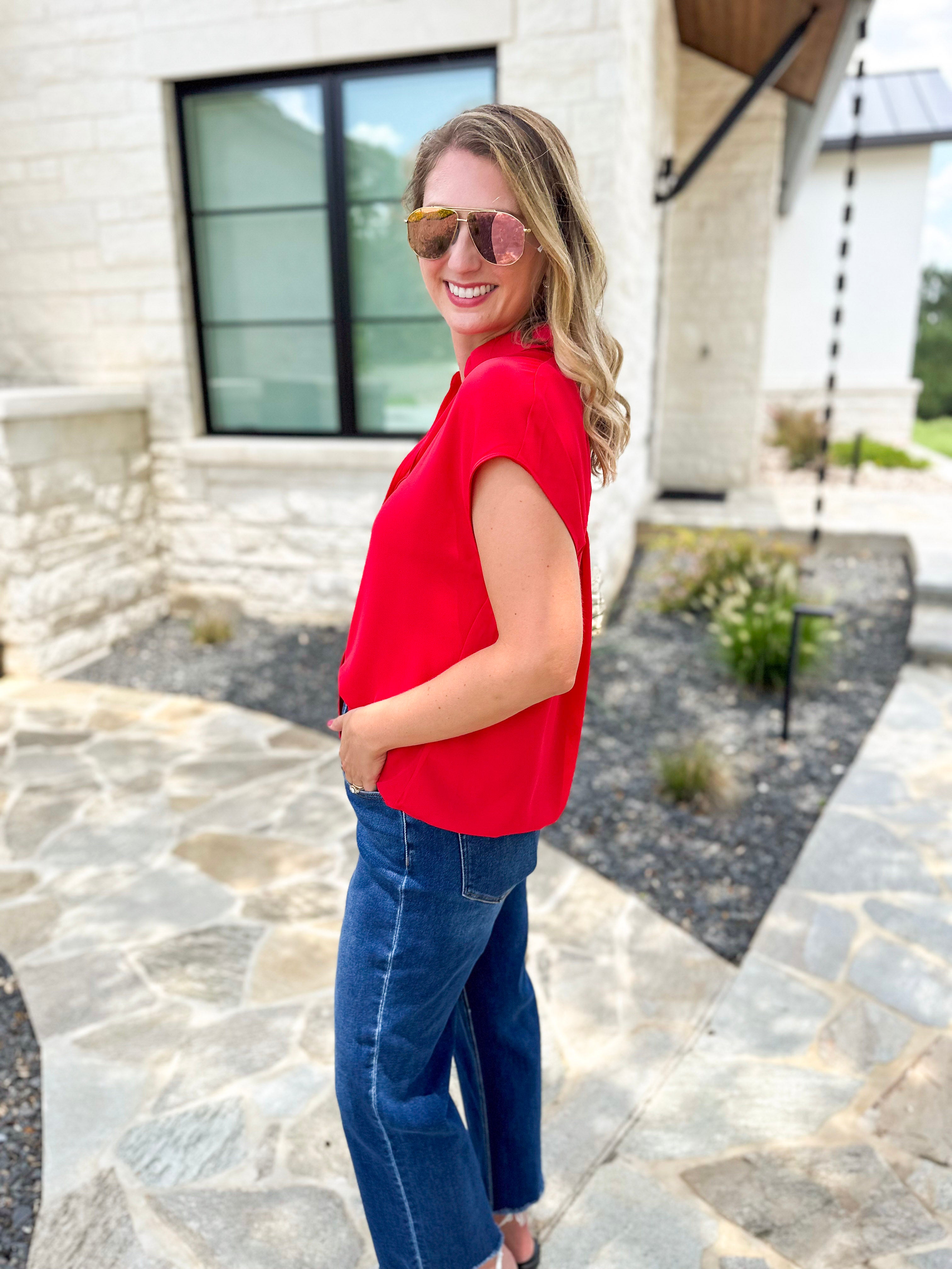 Current Air - Classic Button Down Blouse - Red-200 Fashion Blouses-CURRENT AIR CLOTHING-July & June Women's Fashion Boutique Located in San Antonio, Texas