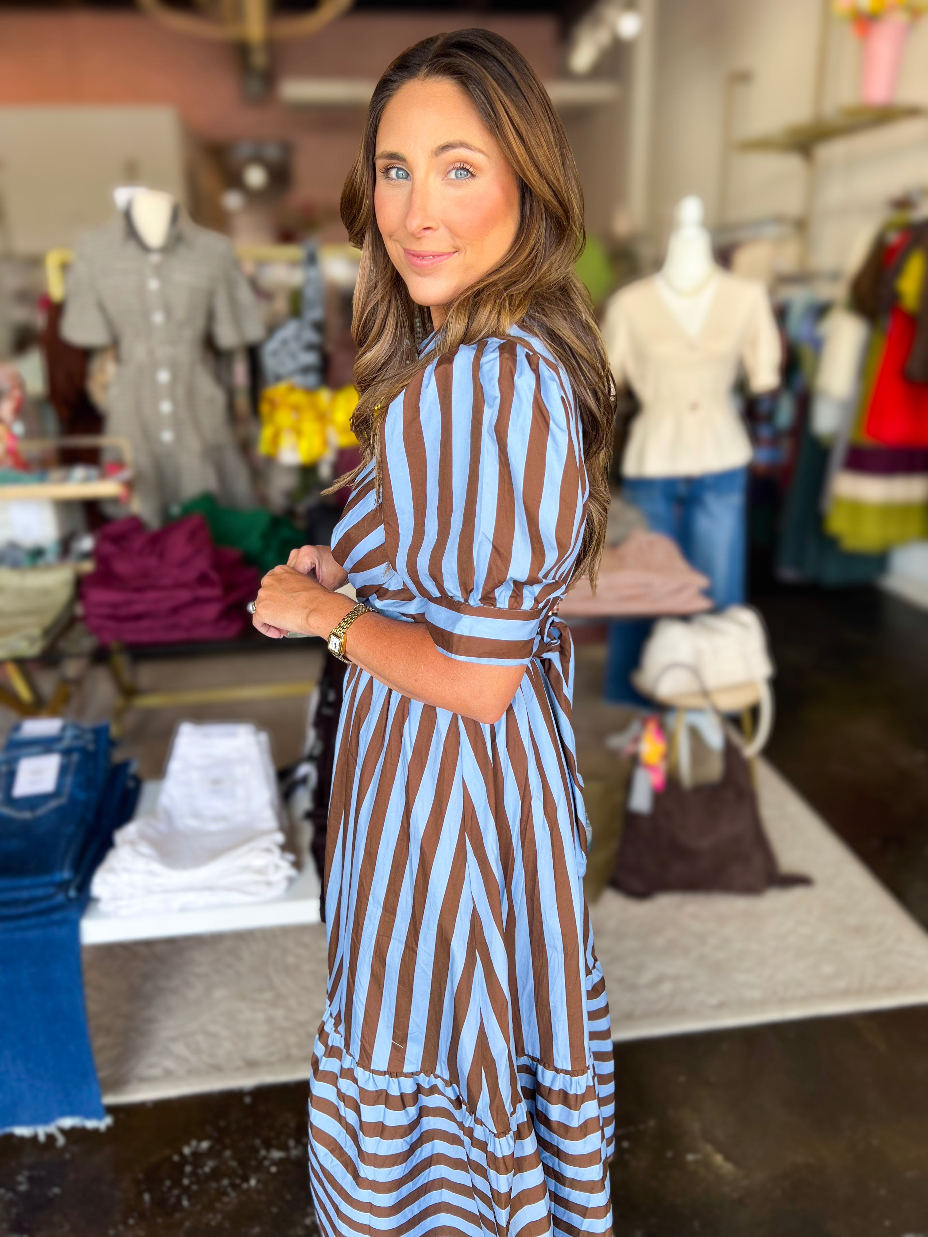 Color Drench Striped Midi Dress - French Blue-500 Midi-ENTRO-July & June Women's Fashion Boutique Located in San Antonio, Texas