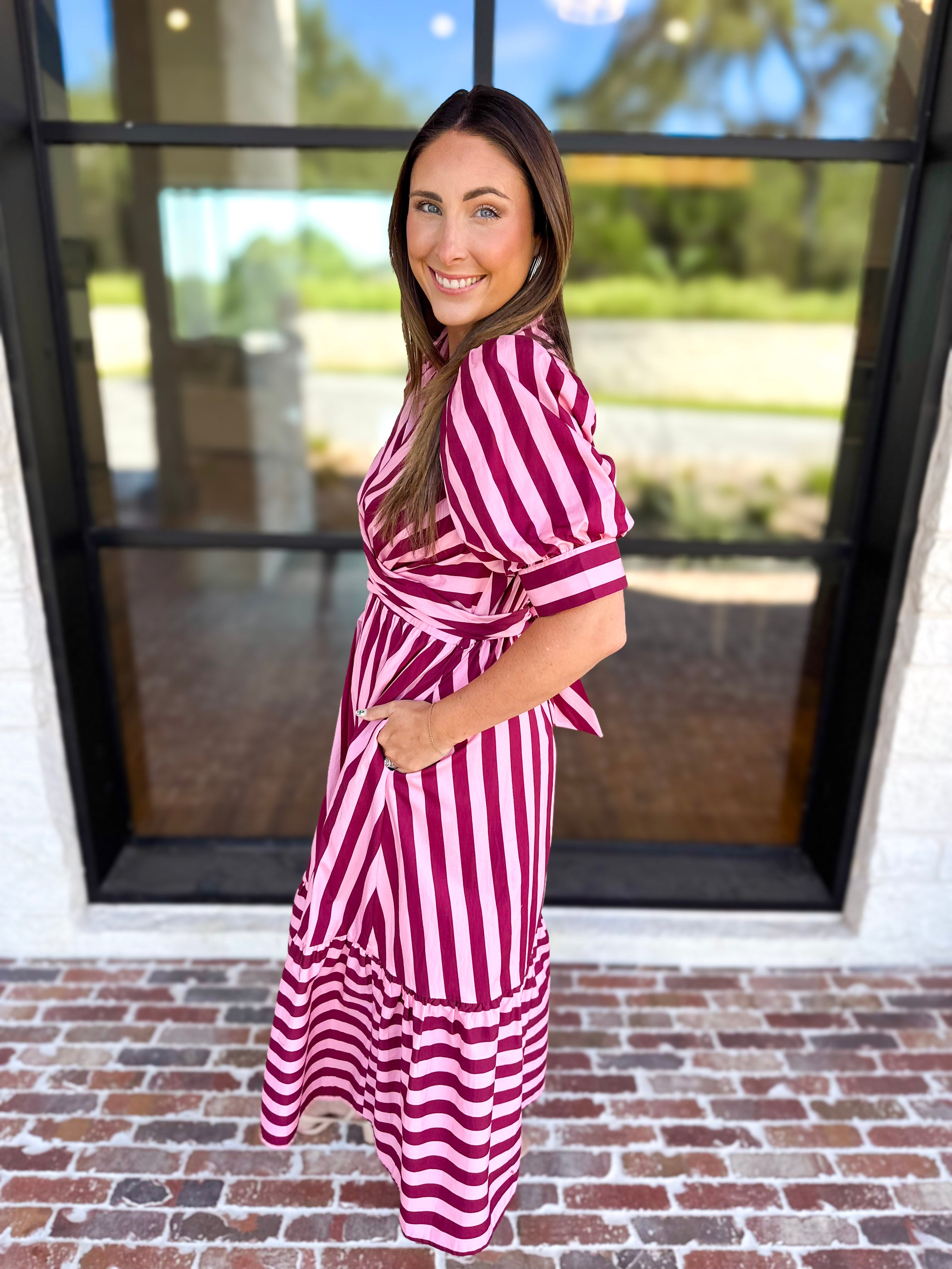 Color Drench Striped Midi Dress - Blushed Berry-500 Midi-ENTRO-July & June Women's Fashion Boutique Located in San Antonio, Texas
