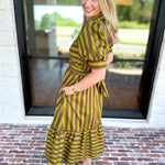 Color Drench Striped Midi Dress - Martini Olive-500 Midi-ENTRO-July & June Women's Fashion Boutique Located in San Antonio, Texas