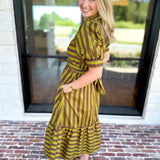Color Drench Striped Midi Dress - Martini Olive-500 Midi-ENTRO-July & June Women's Fashion Boutique Located in San Antonio, Texas