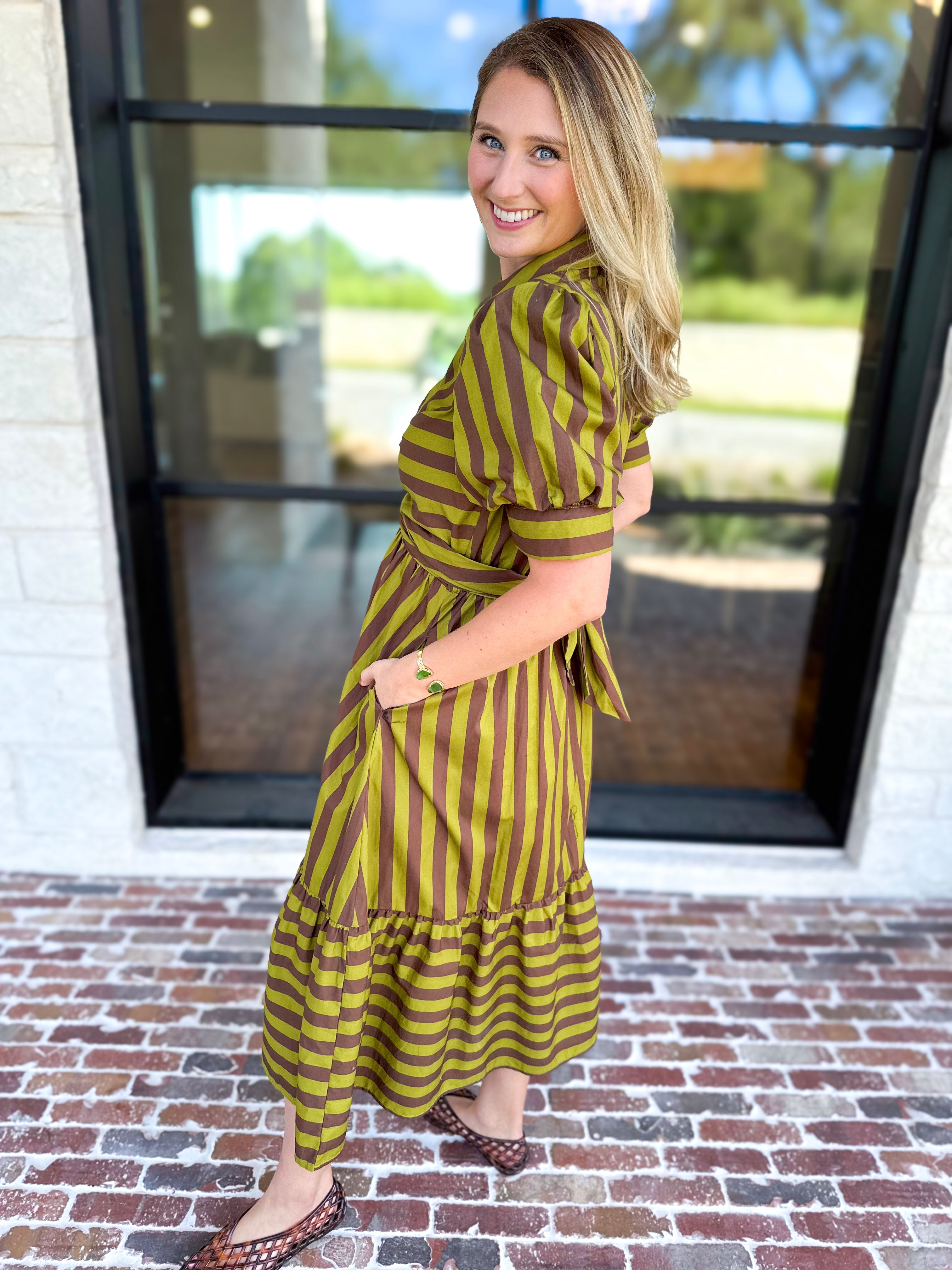Color Drench Striped Midi Dress - Martini Olive-500 Midi-ENTRO-July & June Women's Fashion Boutique Located in San Antonio, Texas