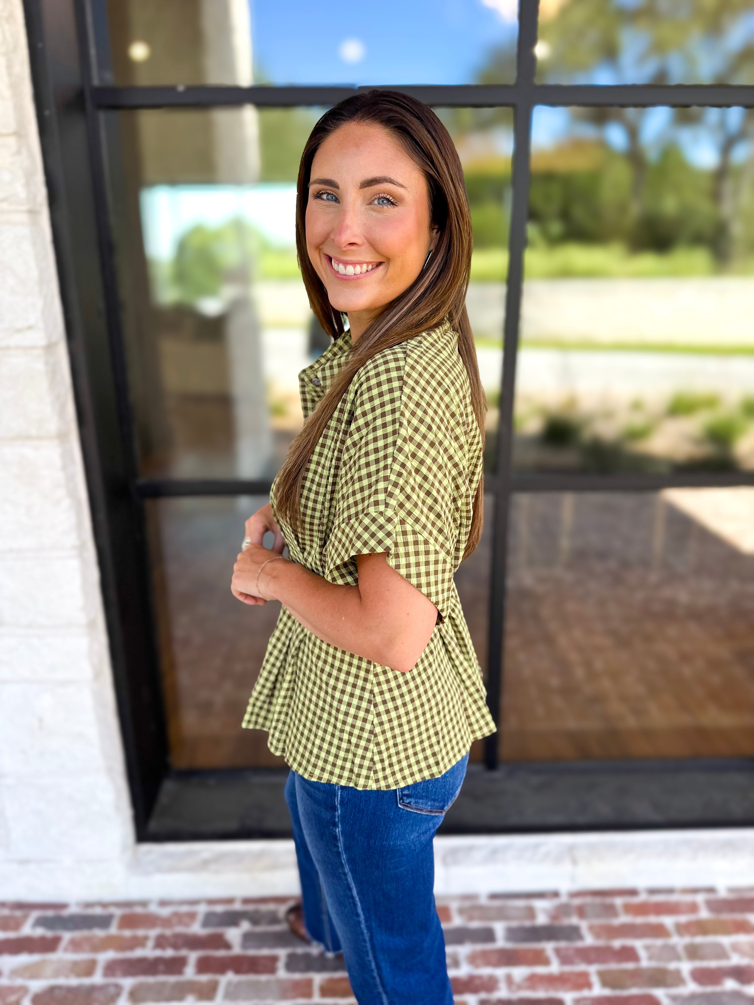 Living Life Gingham Top - Matcha-200 Fashion Blouses-ENTRO-July & June Women's Fashion Boutique Located in San Antonio, Texas