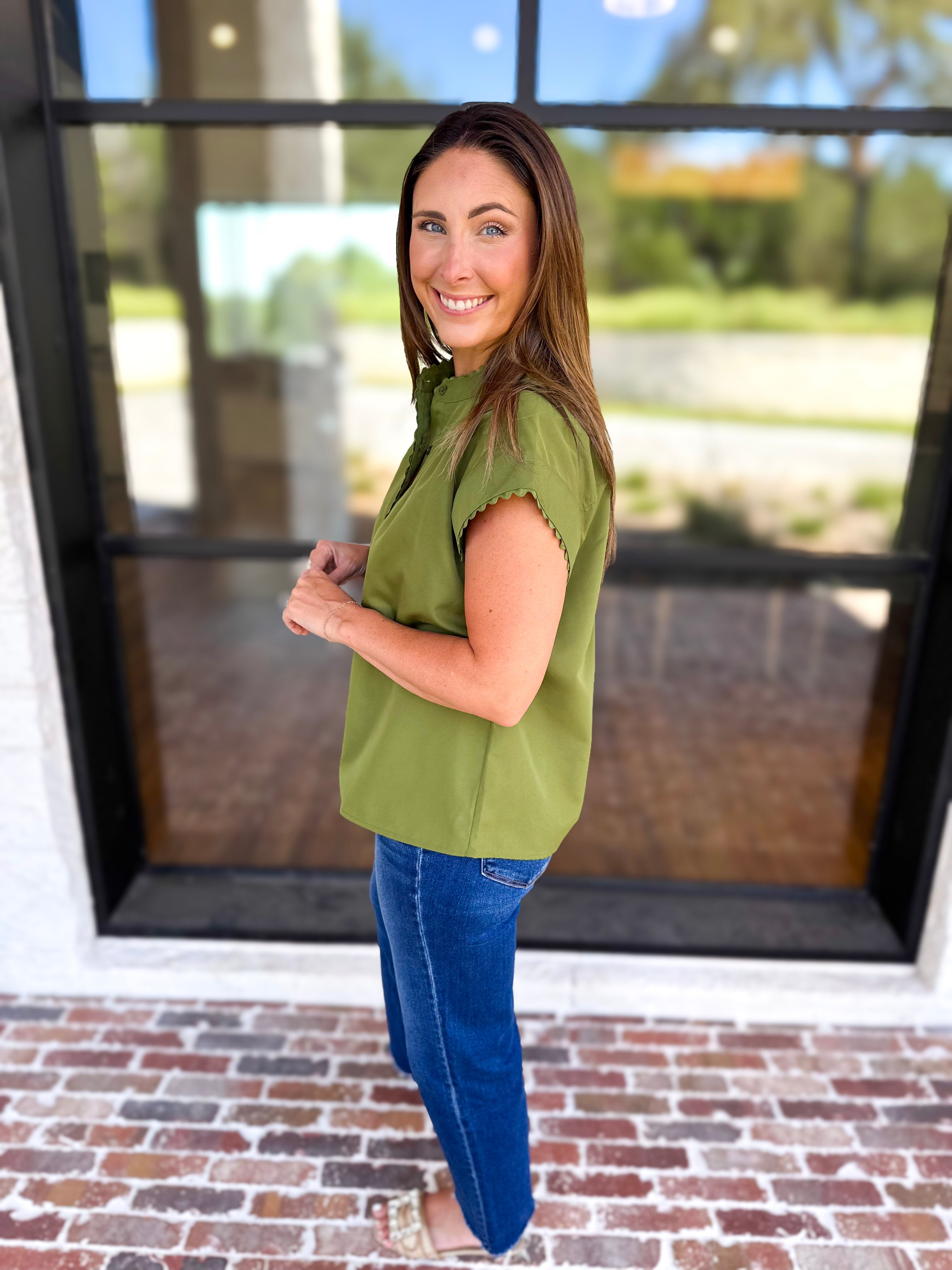 Ric Rac Button Down Top - Olive-200 Fashion Blouses-ENTRO-July & June Women's Fashion Boutique Located in San Antonio, Texas