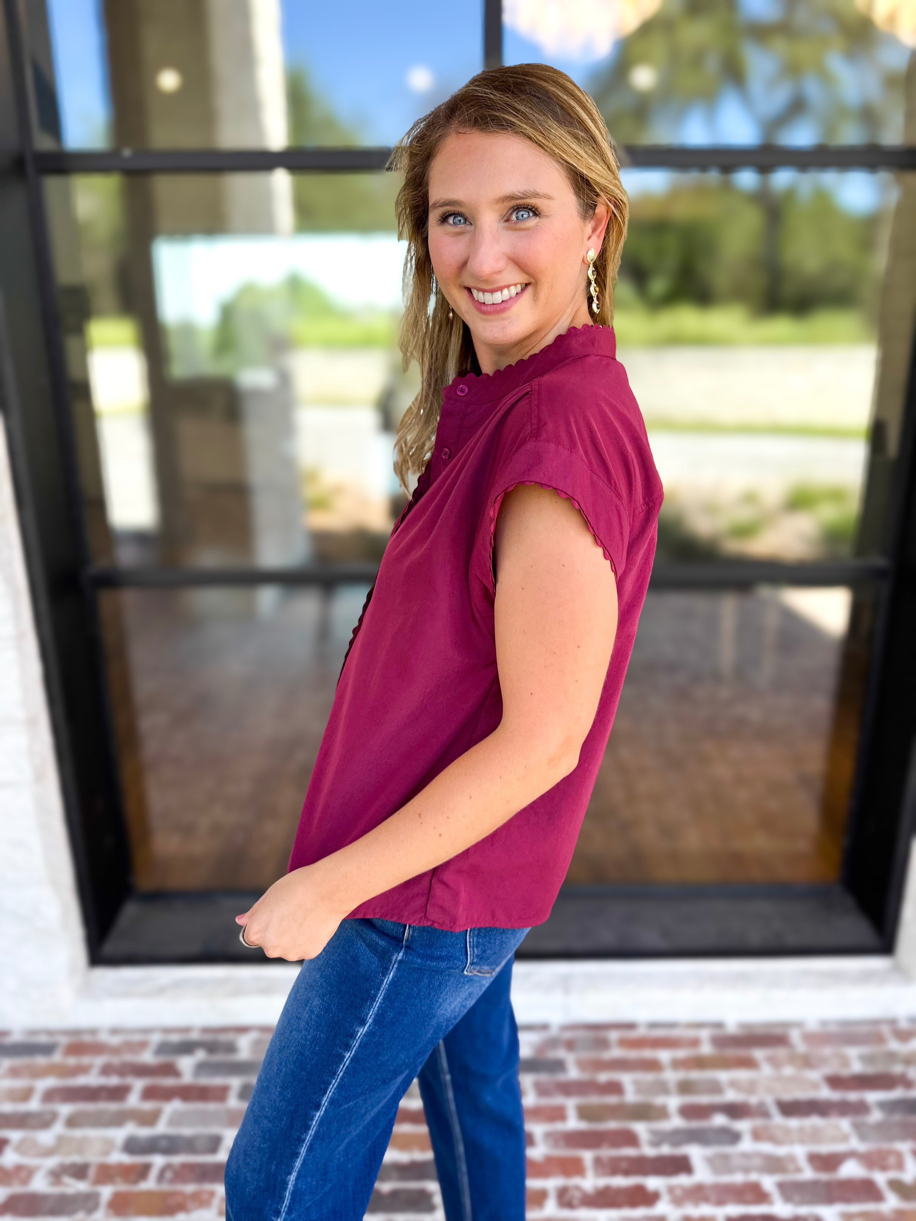 Ric Rac Button Down Top - Wine-200 Fashion Blouses-ENTRO-July & June Women's Fashion Boutique Located in San Antonio, Texas