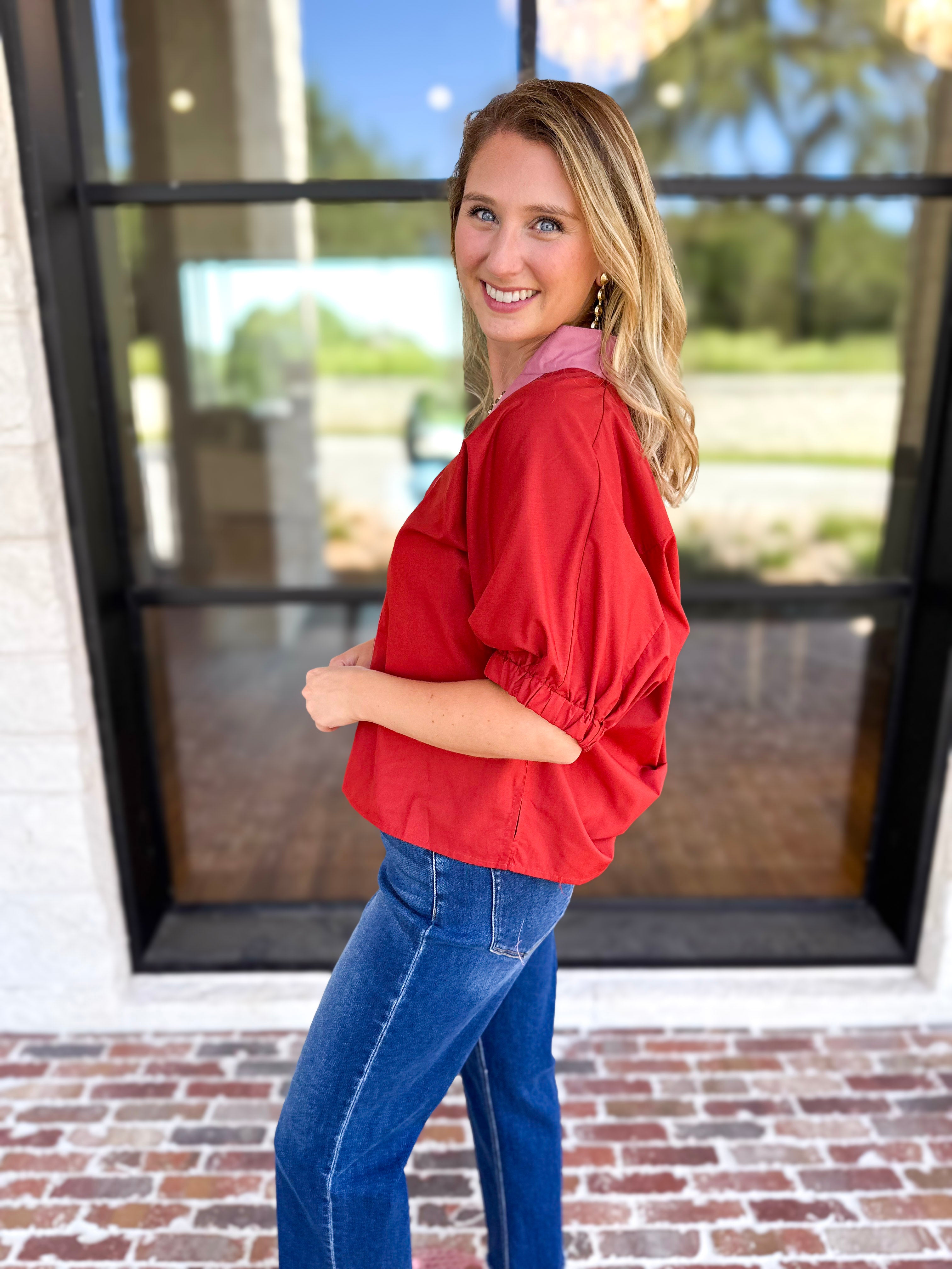 Contrast Chic Blouse - Terracotta-200 Fashion Blouses-ENTRO-July & June Women's Fashion Boutique Located in San Antonio, Texas