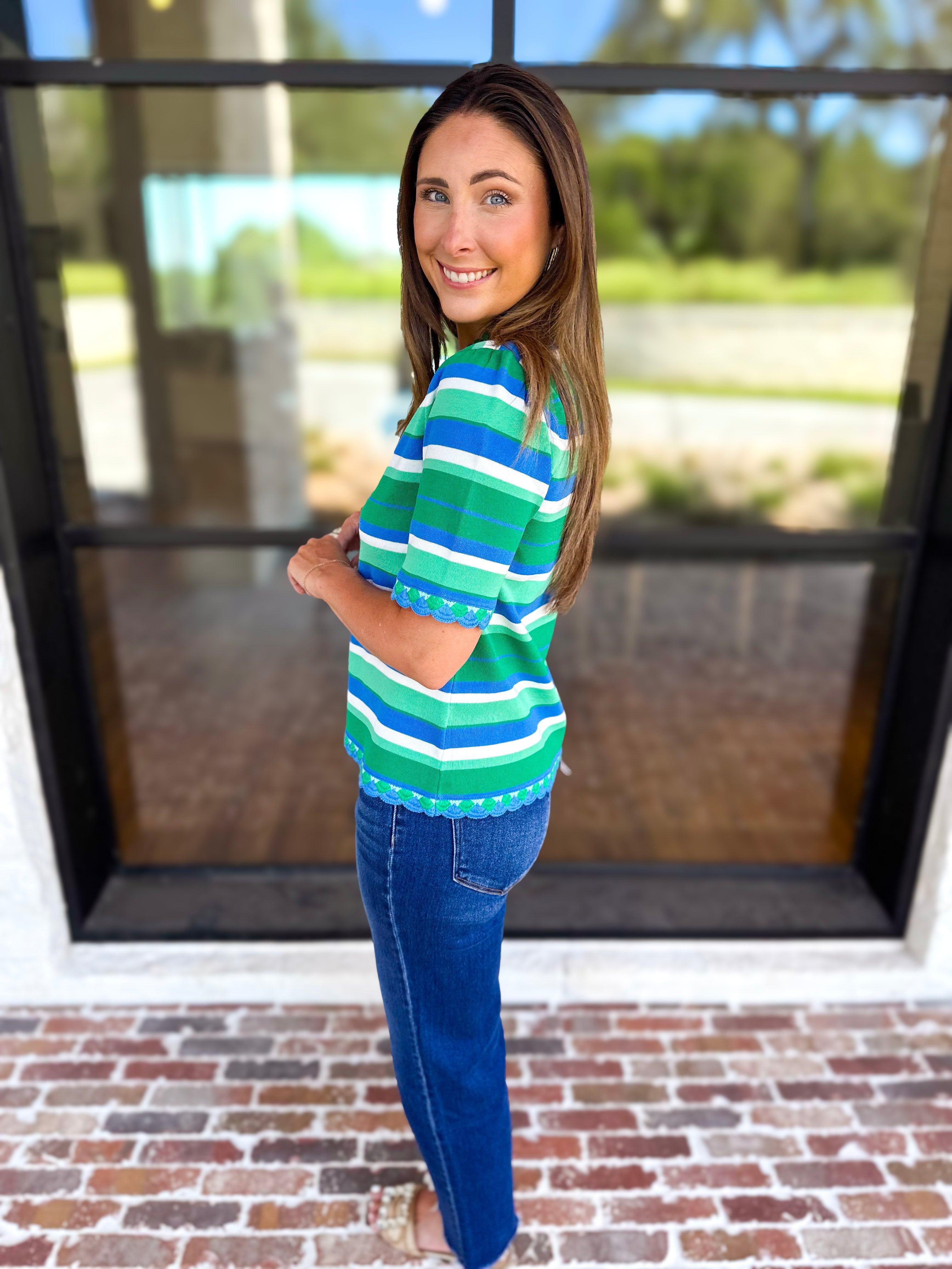 Parker Blue & Green Striped Knit Top-230 Sweaters/Cardis-STRUT & BOLT-July & June Women's Fashion Boutique Located in San Antonio, Texas