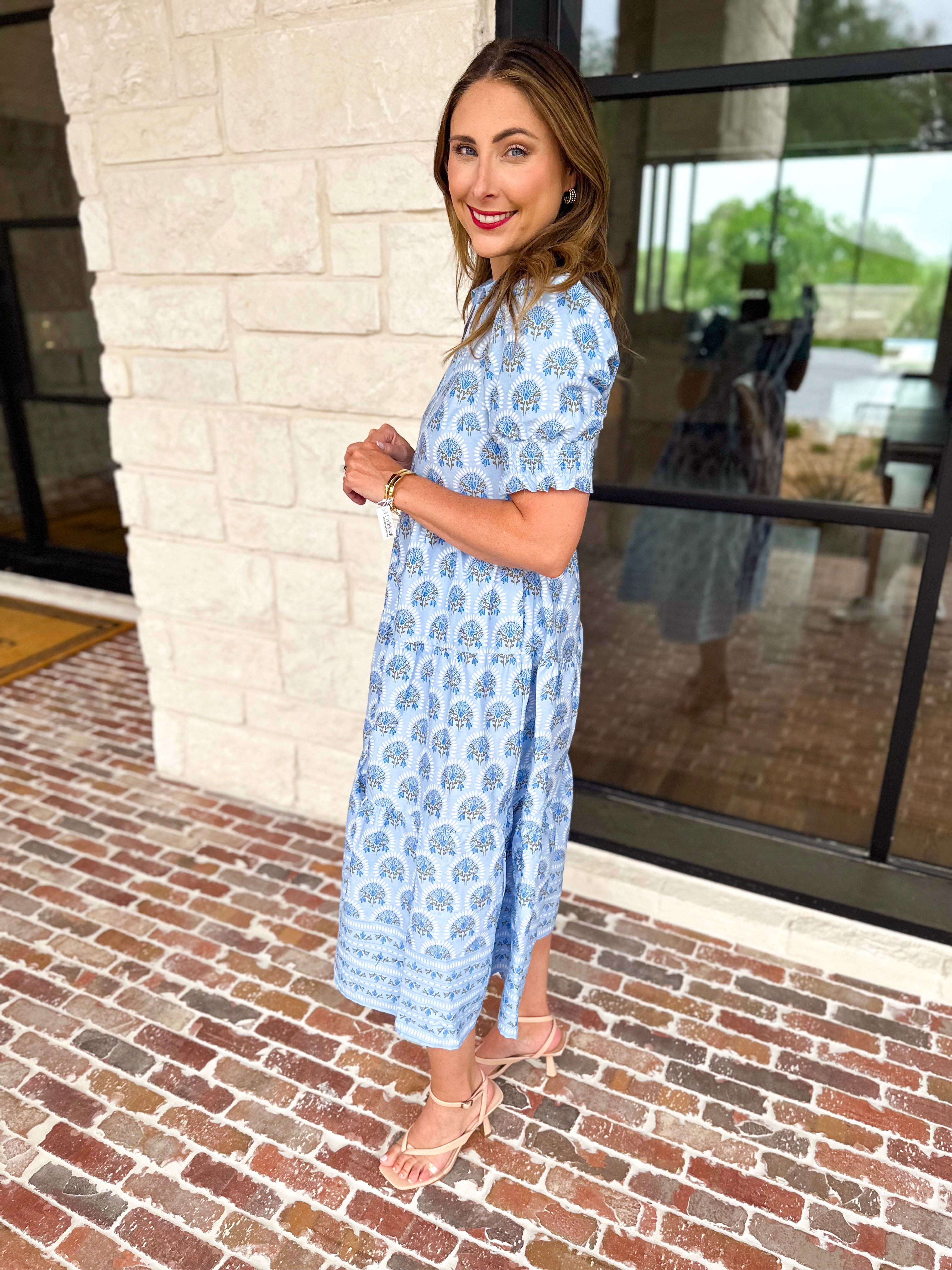 MARY SQUARE - Molly Sunshower Blue Flora Midi Dress-500 Midi-MARY SQUARE-July & June Women's Fashion Boutique Located in San Antonio, Texas