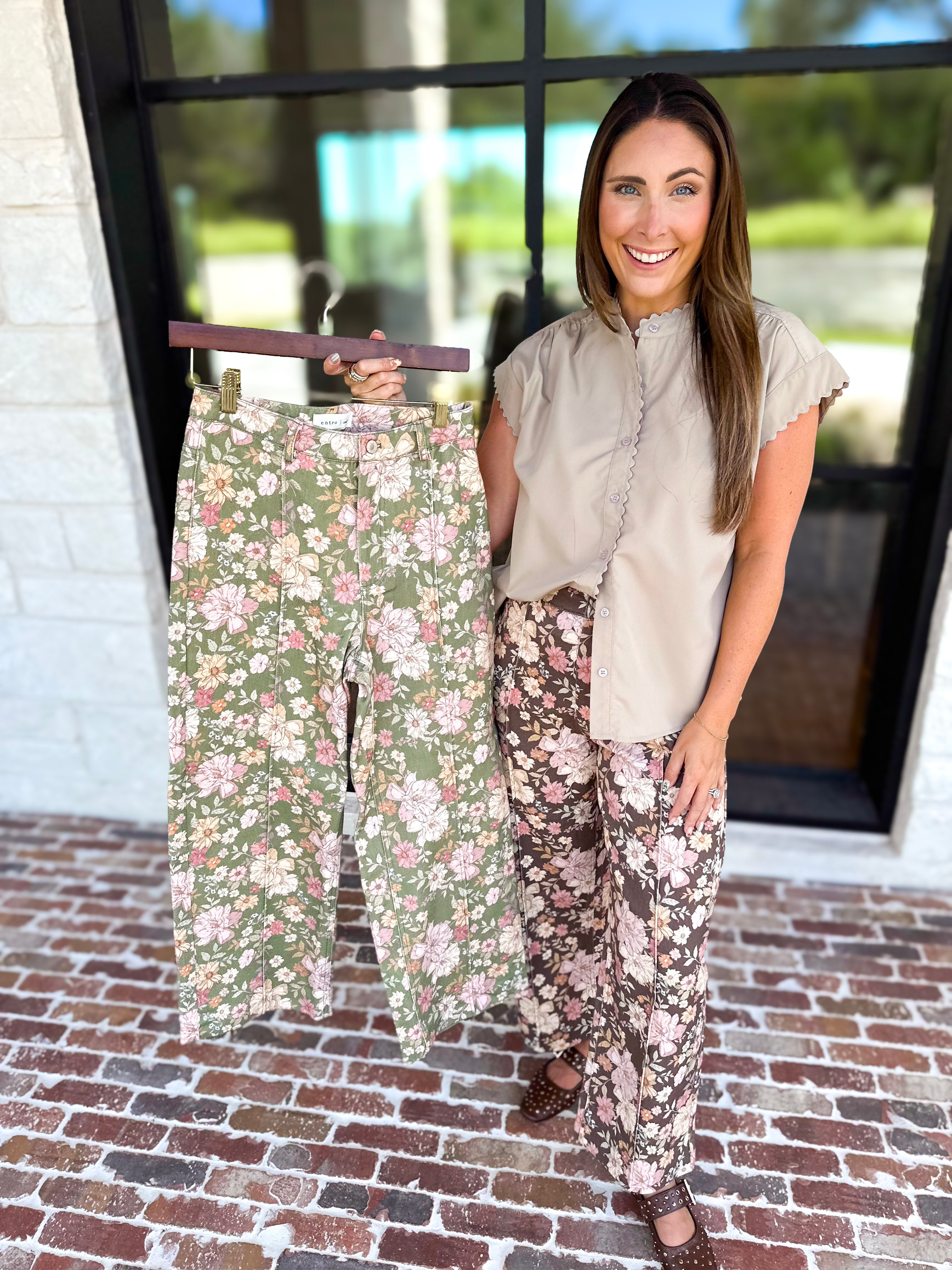 Fall Floral Denim Pants - Brown-400 Pants-ENTRO-July & June Women's Fashion Boutique Located in San Antonio, Texas