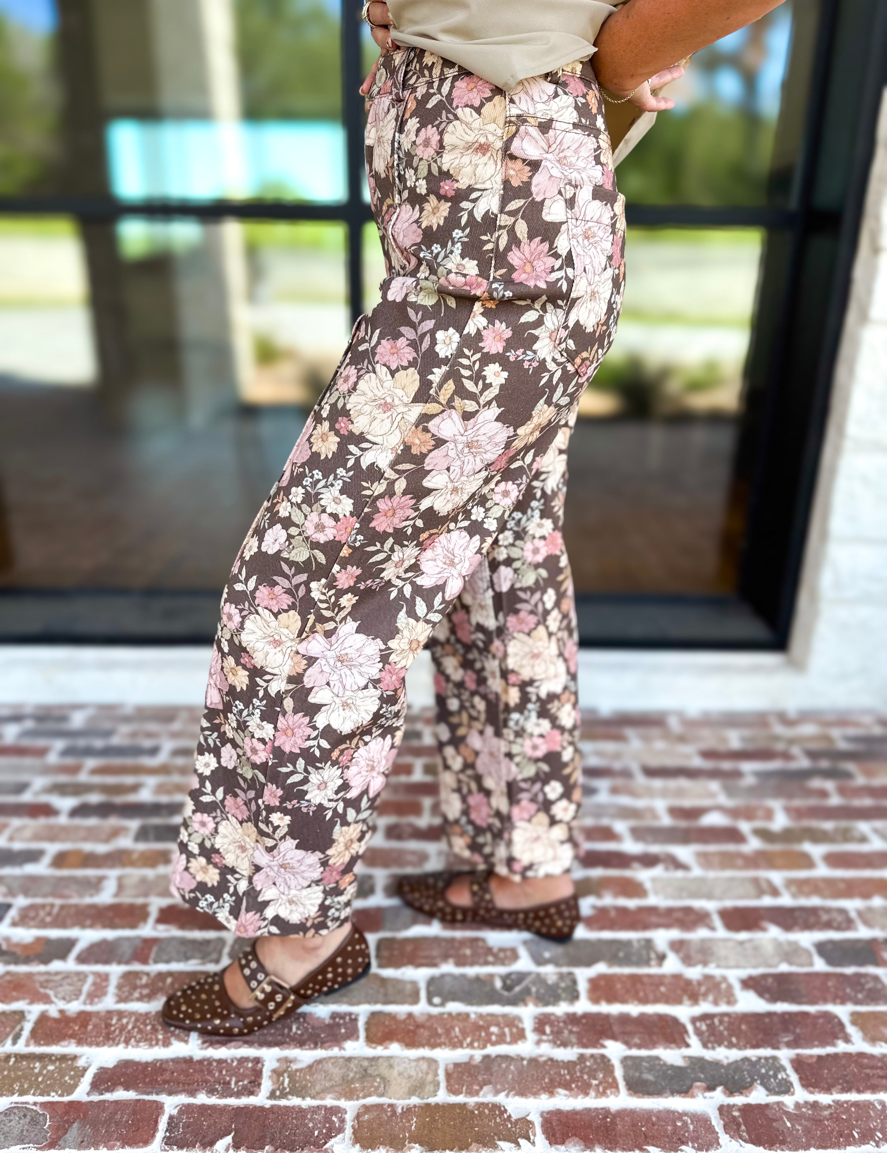 Fall Floral Denim Pants - Brown-400 Pants-ENTRO-July & June Women's Fashion Boutique Located in San Antonio, Texas