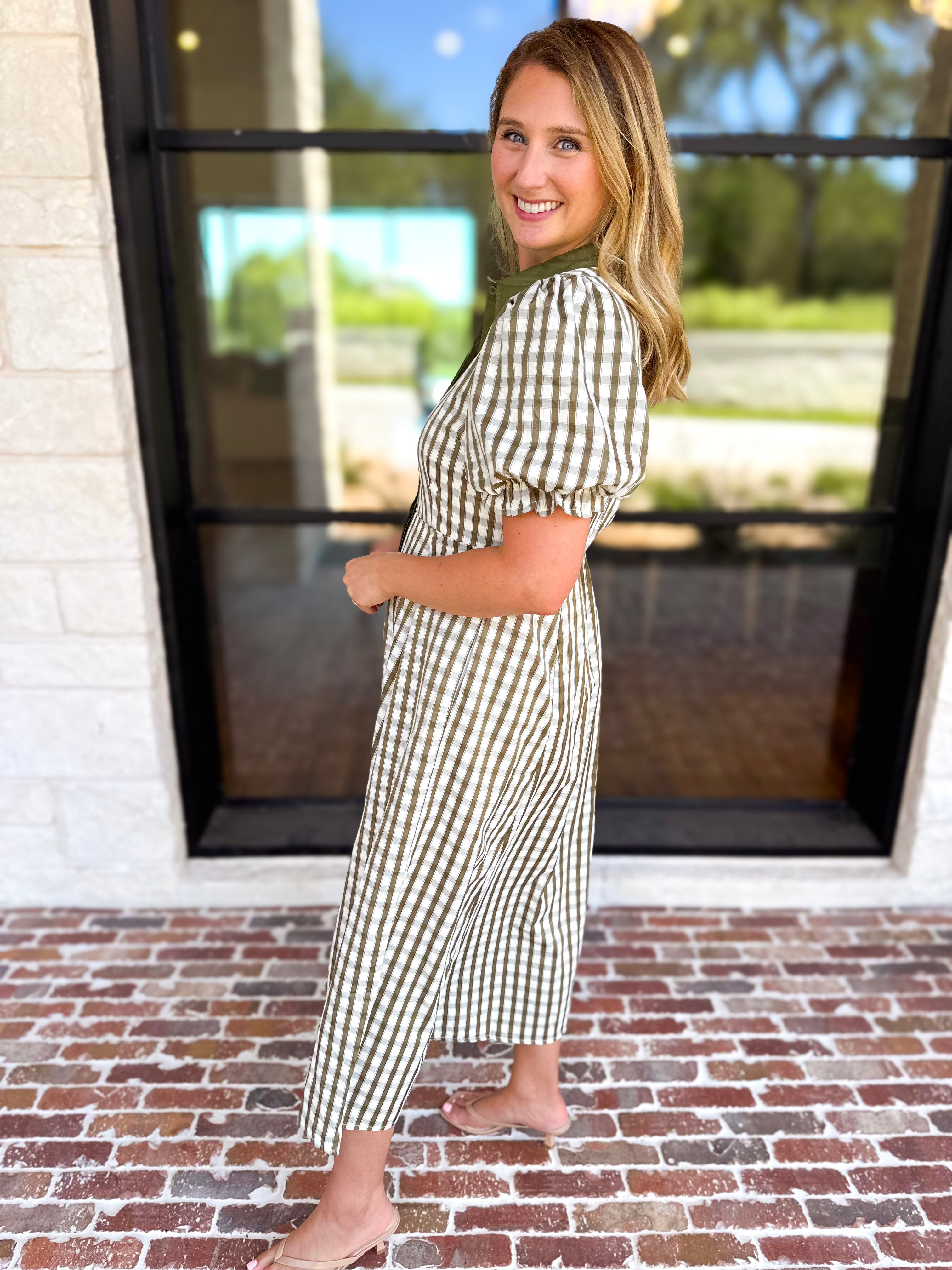 Olive Gingham & Collared Midi Dress-500 Midi-ENTRO-July & June Women's Fashion Boutique Located in San Antonio, Texas