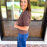 Posh Peplum Knit Blouse - Chocolate-230 Sweaters/Cardis-SKIES ARE BLUE-July & June Women's Fashion Boutique Located in San Antonio, Texas