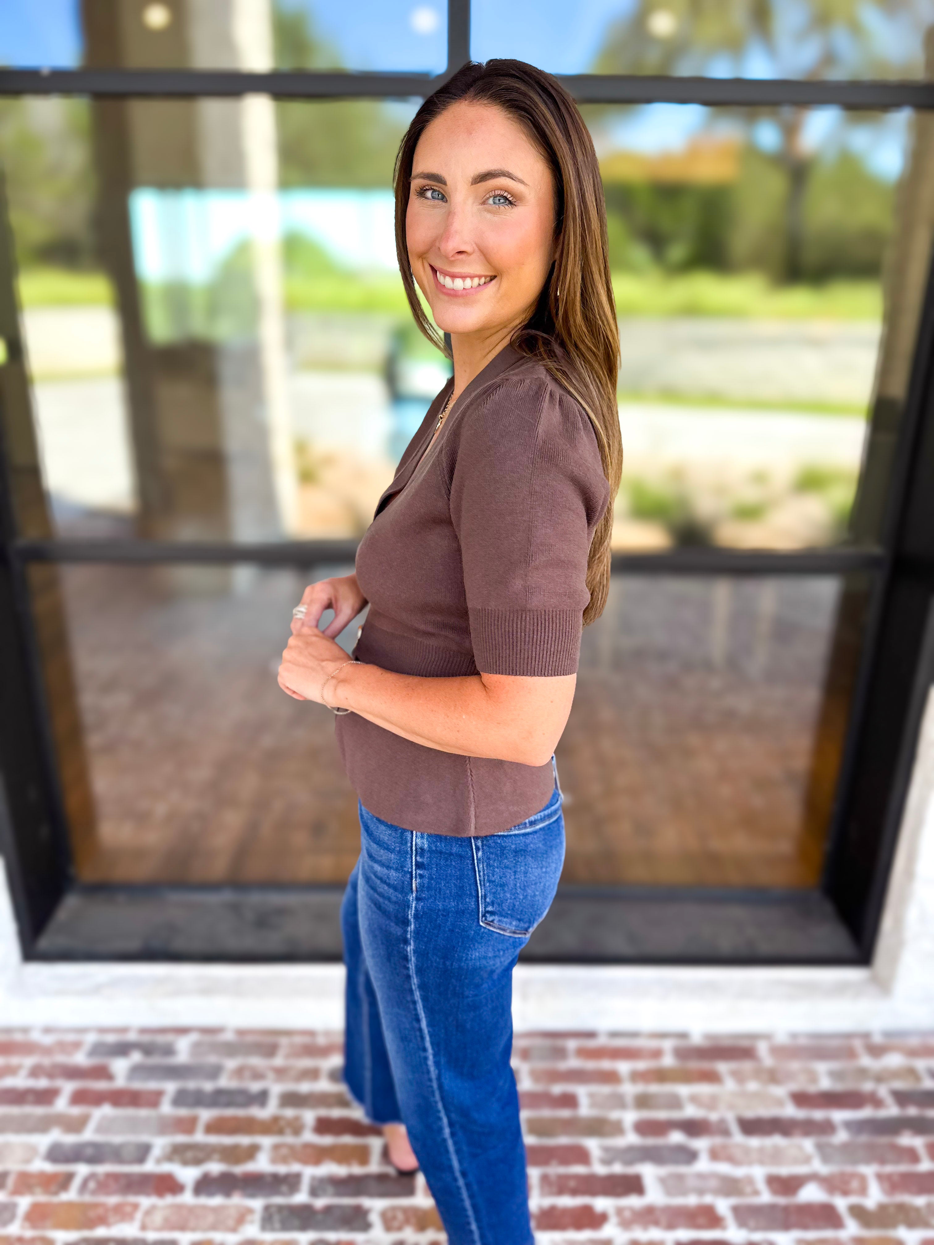 Posh Peplum Knit Blouse - Chocolate-230 Sweaters/Cardis-SKIES ARE BLUE-July & June Women's Fashion Boutique Located in San Antonio, Texas