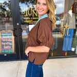 Contrast Chic Blouse - Cocoa Sky-200 Fashion Blouses-ENTRO-July & June Women's Fashion Boutique Located in San Antonio, Texas