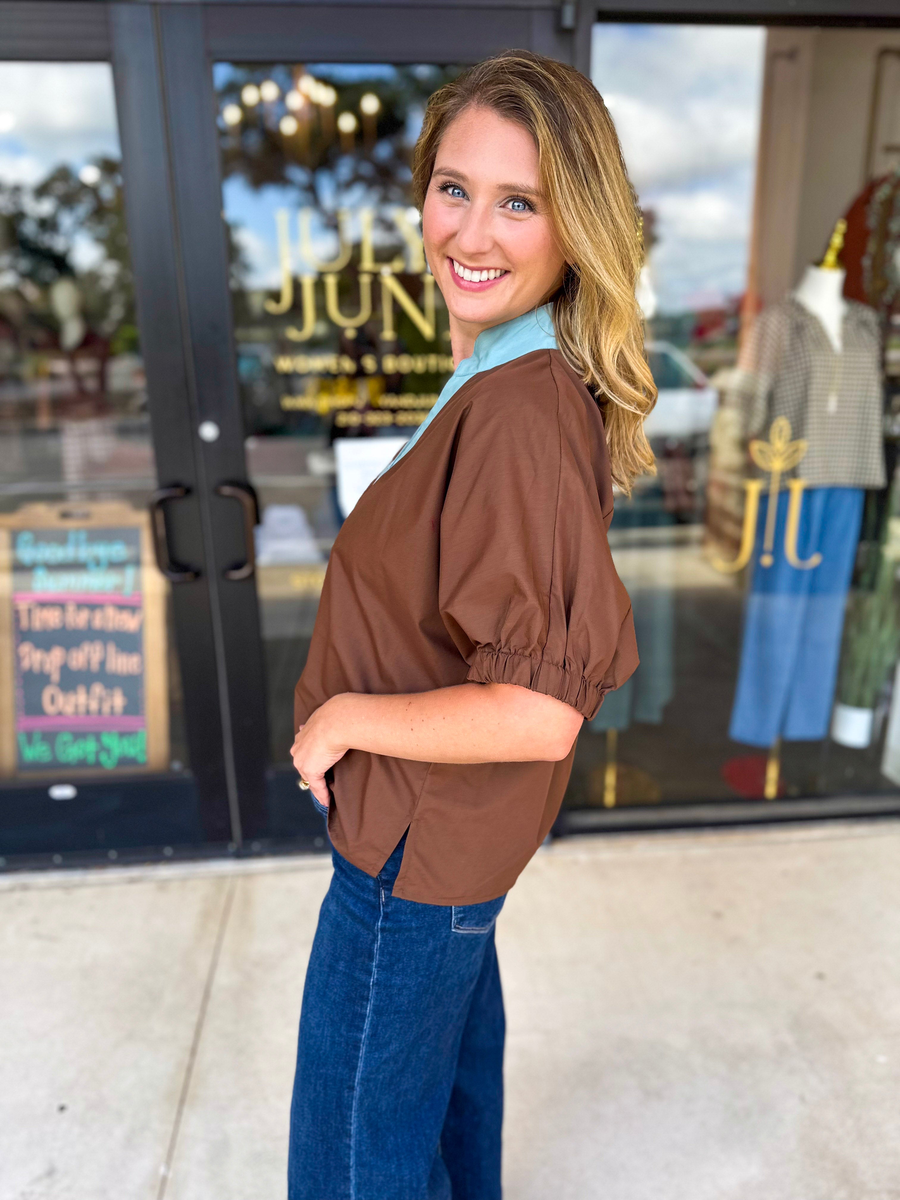 Contrast Chic Blouse - Cocoa Sky-200 Fashion Blouses-ENTRO-July & June Women's Fashion Boutique Located in San Antonio, Texas