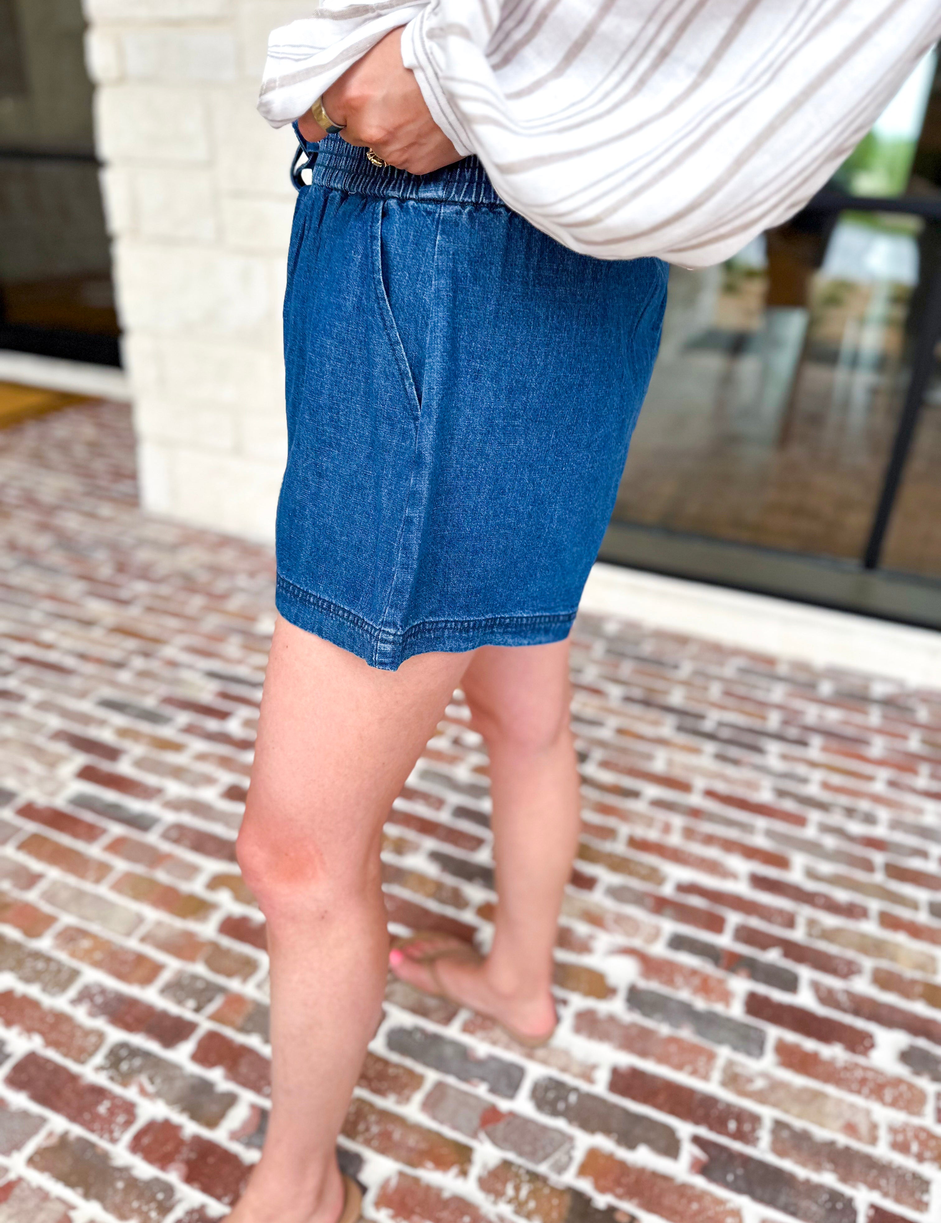 Dark Denim Comfy Shorts-410 Shorts/Skirts-SKIES ARE BLUE-July & June Women's Fashion Boutique Located in San Antonio, Texas