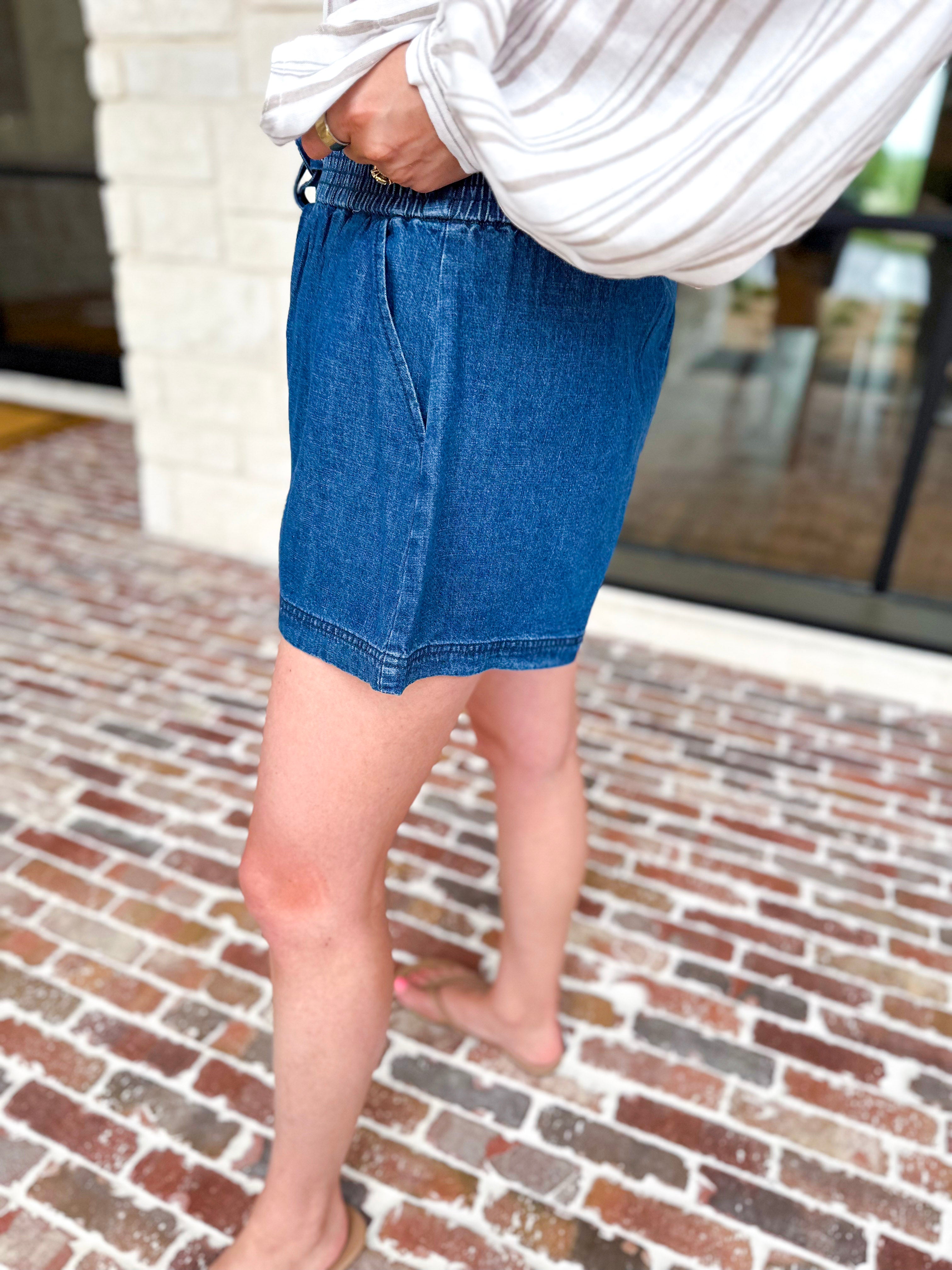 Dark Denim Comfy Shorts-410 Shorts/Skirts-SKIES ARE BLUE-July & June Women's Fashion Boutique Located in San Antonio, Texas