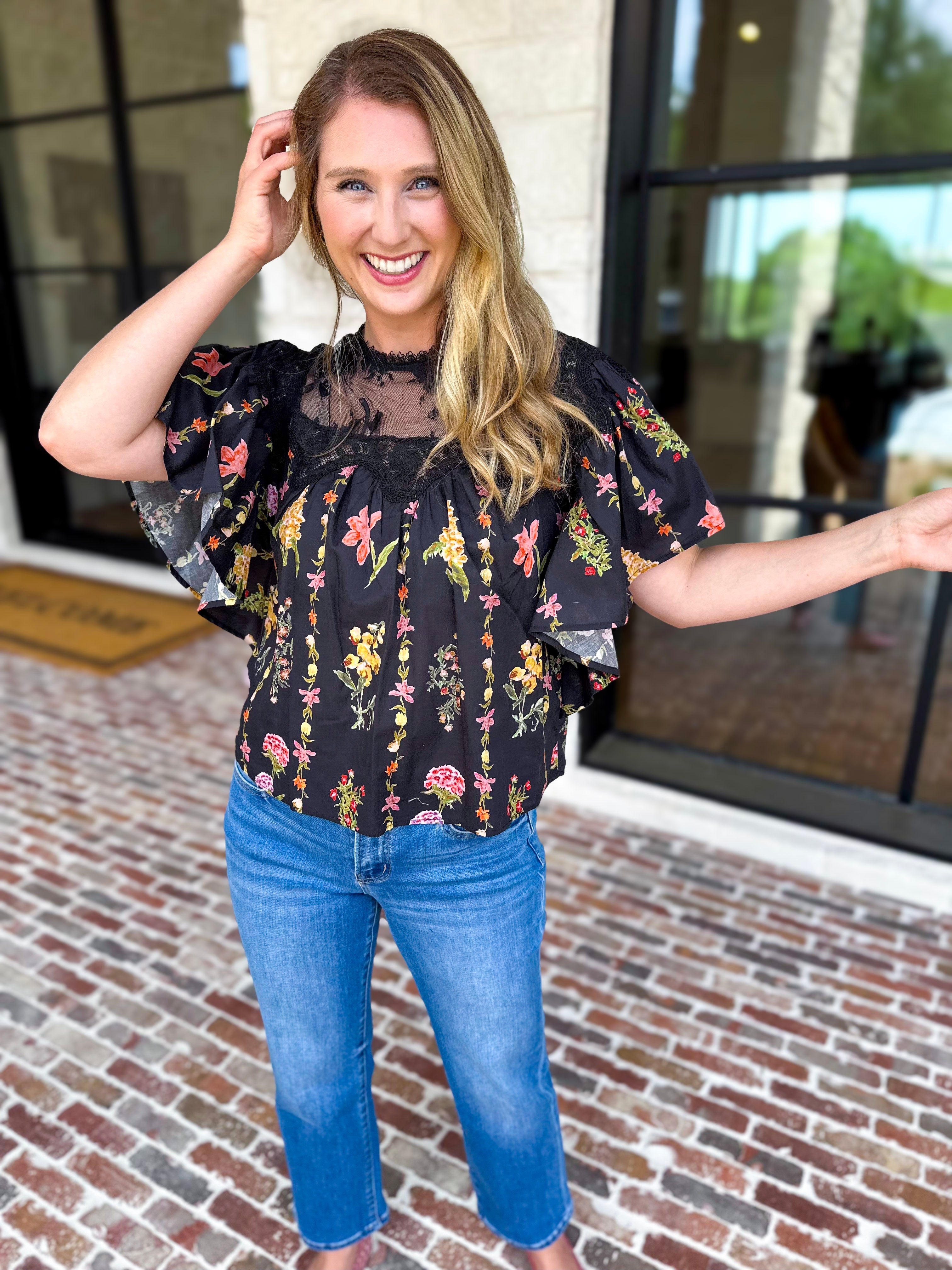 Black Lace & Floral Blouse-200 Fashion Blouses-ENTRO-July & June Women's Fashion Boutique Located in San Antonio, Texas