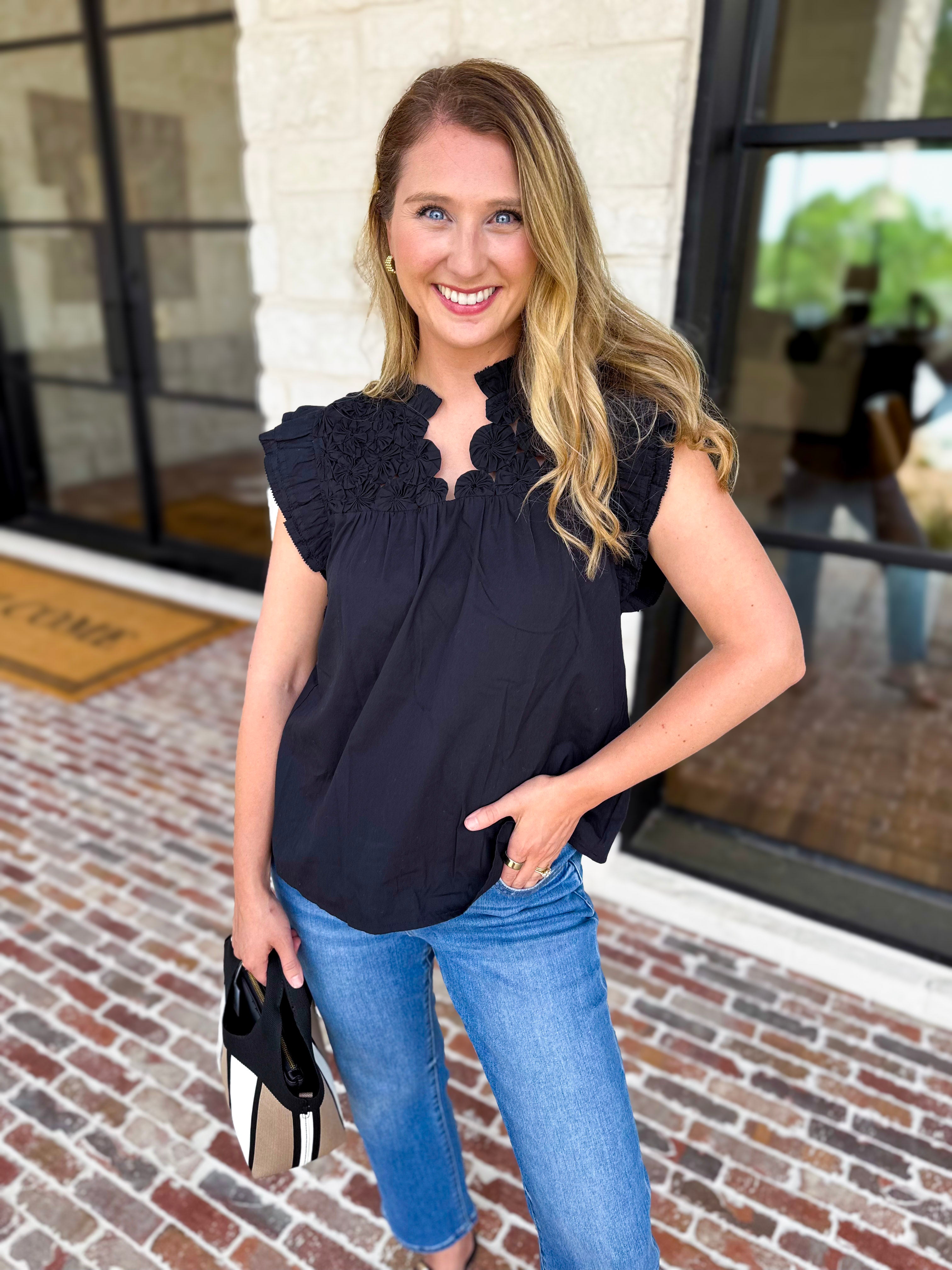 THML - Black Flutter Sleeve Blouse-200 Fashion Blouses-THML-July & June Women's Fashion Boutique Located in San Antonio, Texas