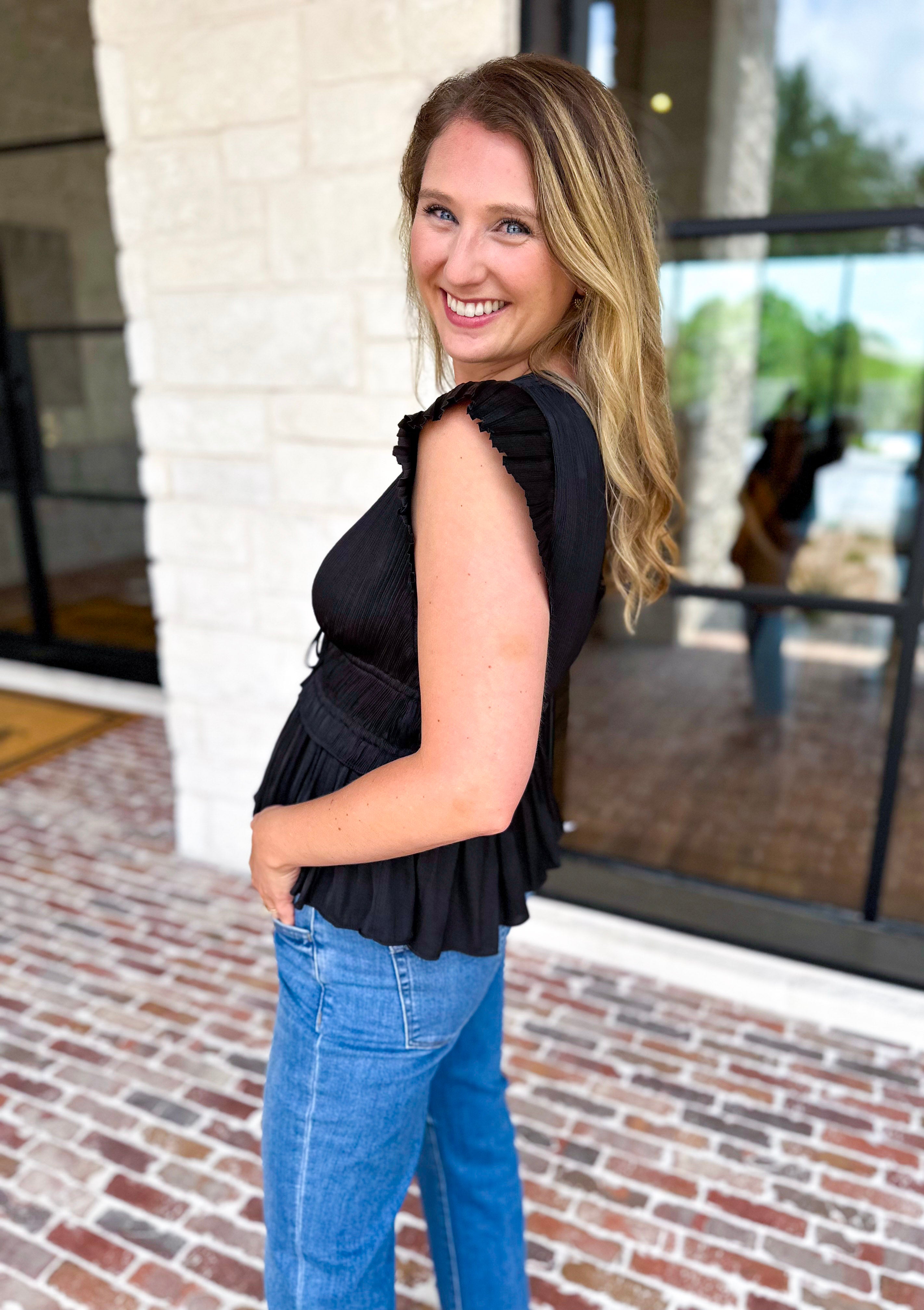 Current Air - Black Satin Date Night Blouse-200 Fashion Blouses-CURRENT AIR CLOTHING-July & June Women's Fashion Boutique Located in San Antonio, Texas