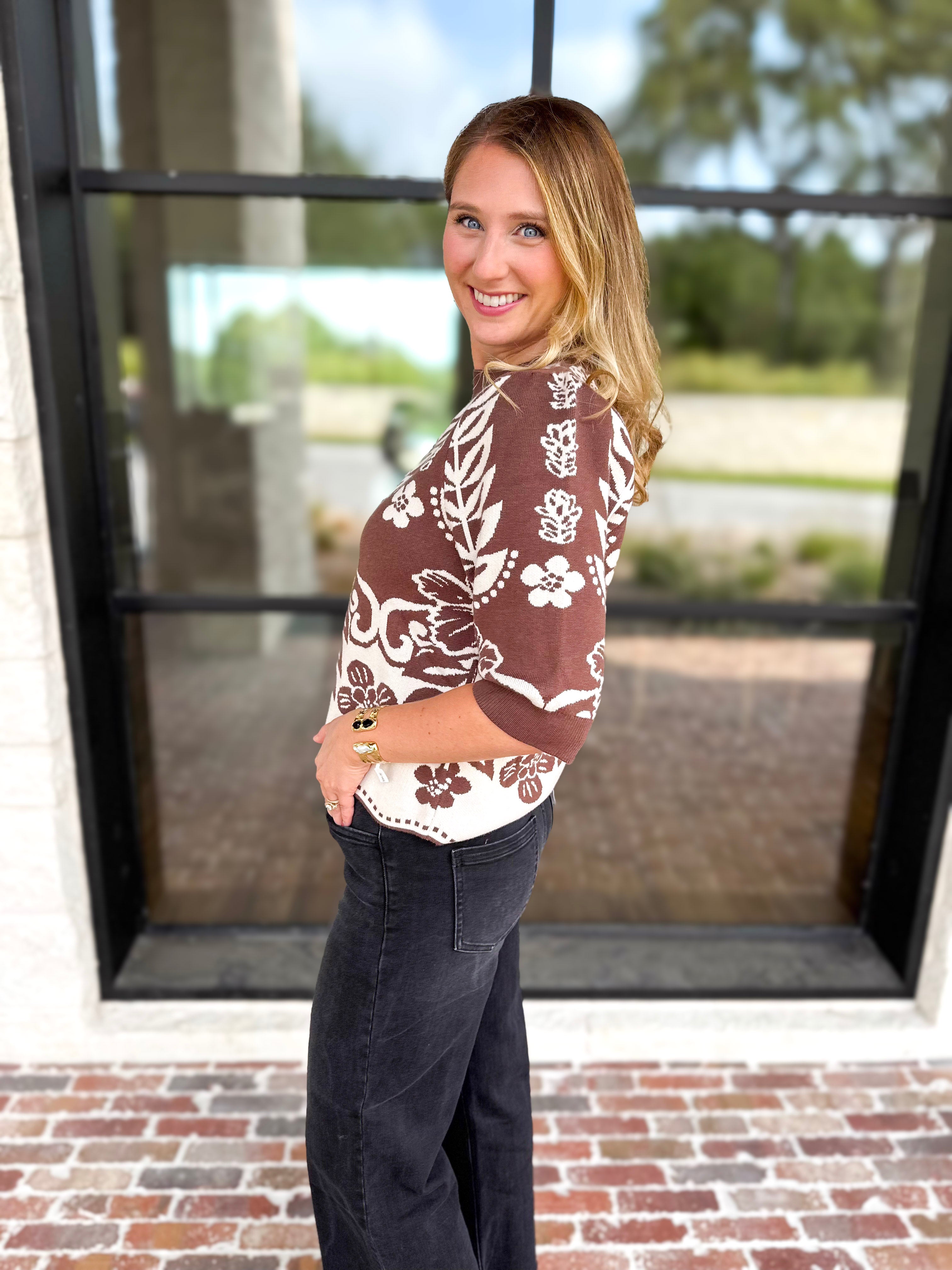 THML - The Libby Floral Sweater - Walnut-230 Sweaters/Cardis-THML-July & June Women's Fashion Boutique Located in San Antonio, Texas