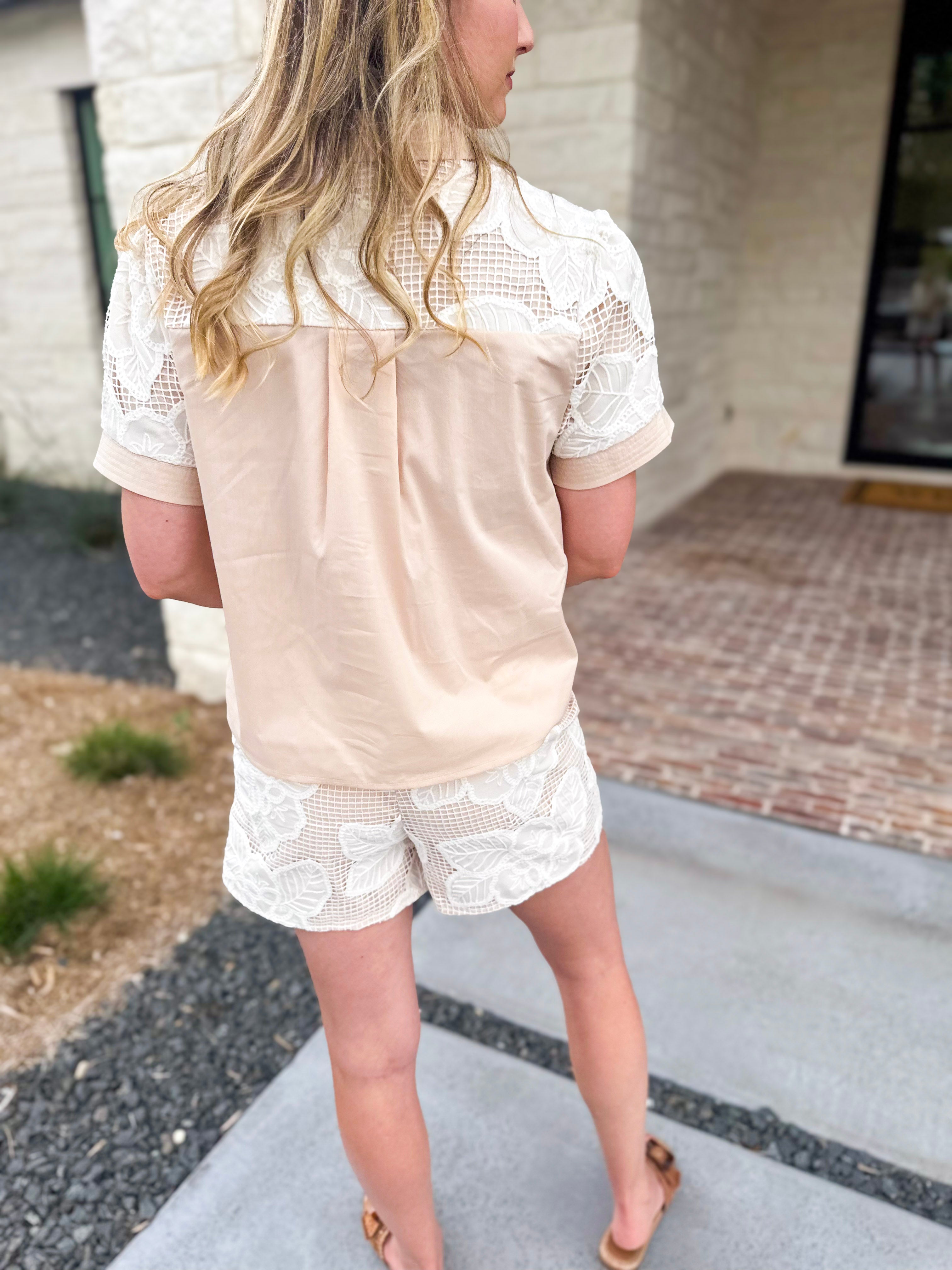 Taupe & Cream Crochet Short Set-510 Mini-STRUT & BOLT-July & June Women's Fashion Boutique Located in San Antonio, Texas