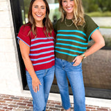 Effortless Striped Knit Top - Forest Green-230 Sweaters/Cardis-ENTRO-July & June Women's Fashion Boutique Located in San Antonio, Texas