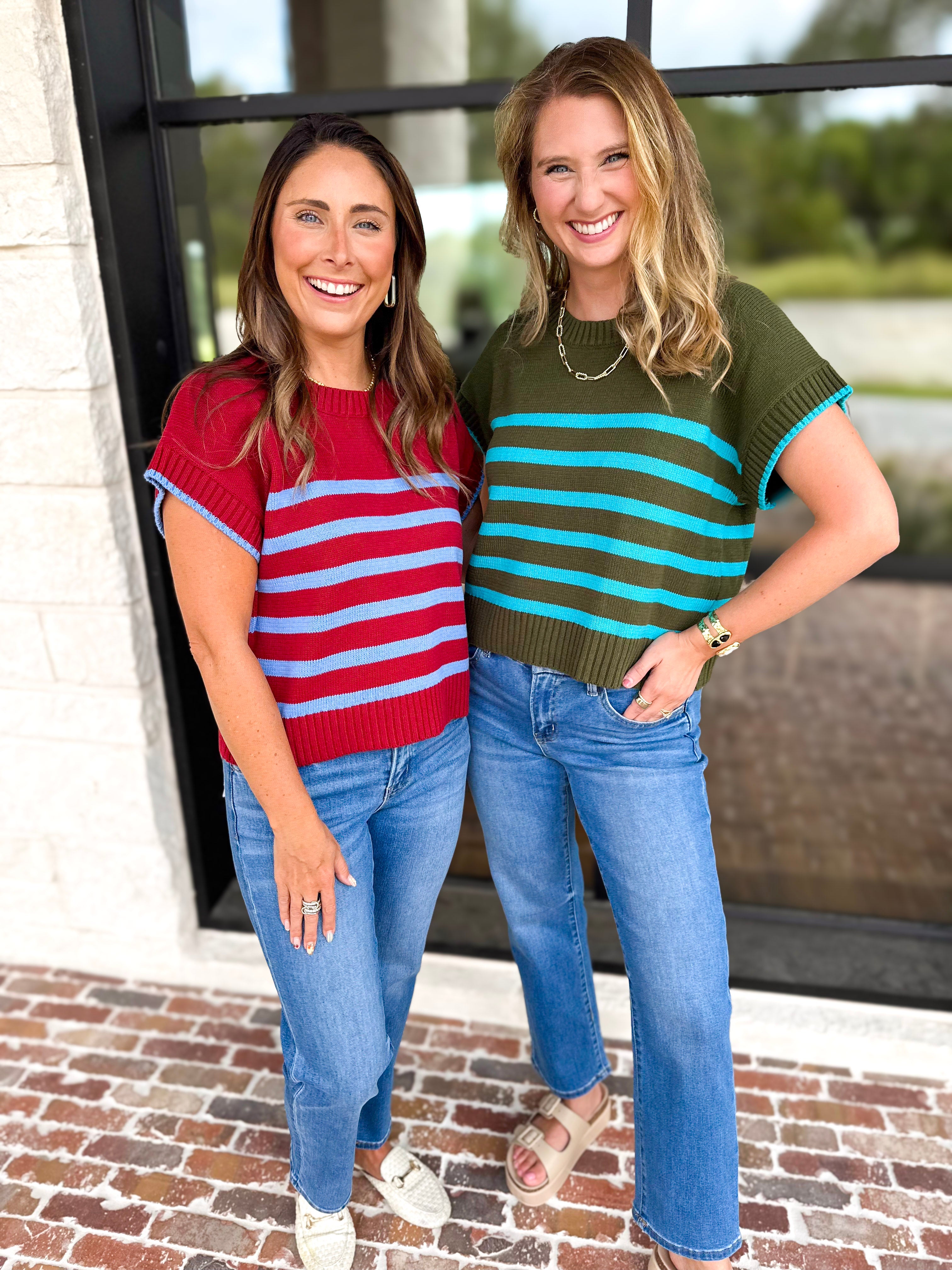 Effortless Striped Knit Top - Forest Green-230 Sweaters/Cardis-ENTRO-July & June Women's Fashion Boutique Located in San Antonio, Texas