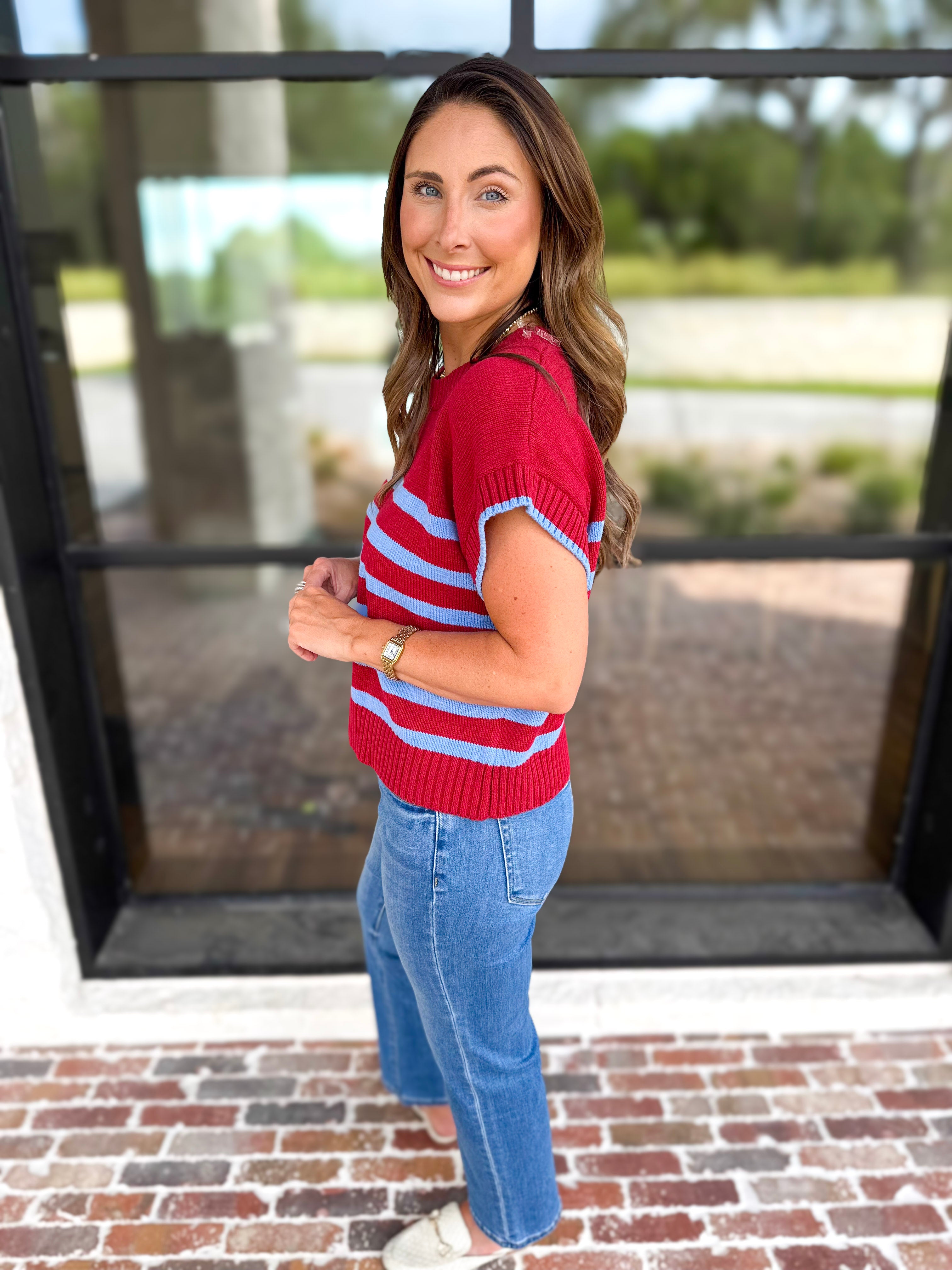 Effortless Striped Knit Top - Burgundy-230 Sweaters/Cardis-ENTRO-July & June Women's Fashion Boutique Located in San Antonio, Texas