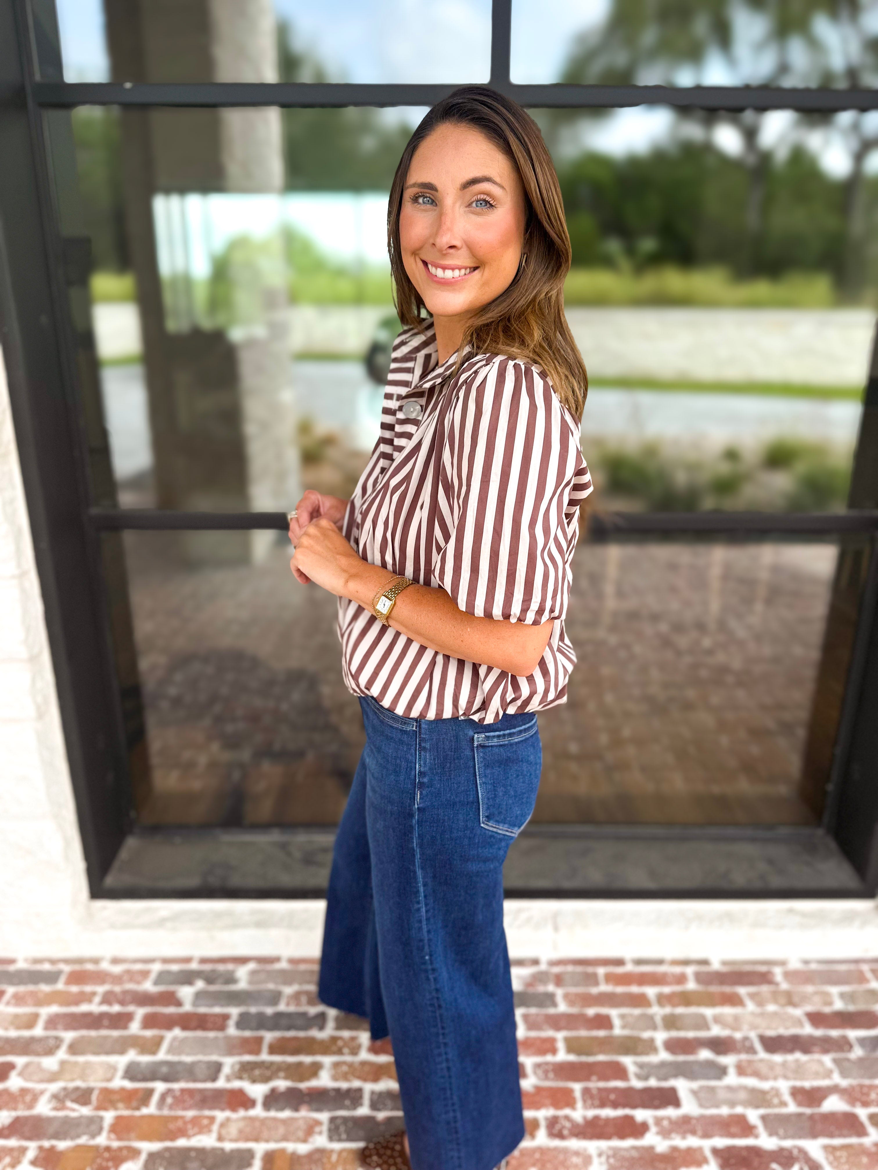 Coffee Date Blouse - Cream & Brown-200 Fashion Blouses-ENTRO-July & June Women's Fashion Boutique Located in San Antonio, Texas