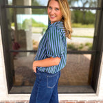 Coffee Date Blouse - Blue & Hunter-200 Fashion Blouses-ENTRO-July & June Women's Fashion Boutique Located in San Antonio, Texas