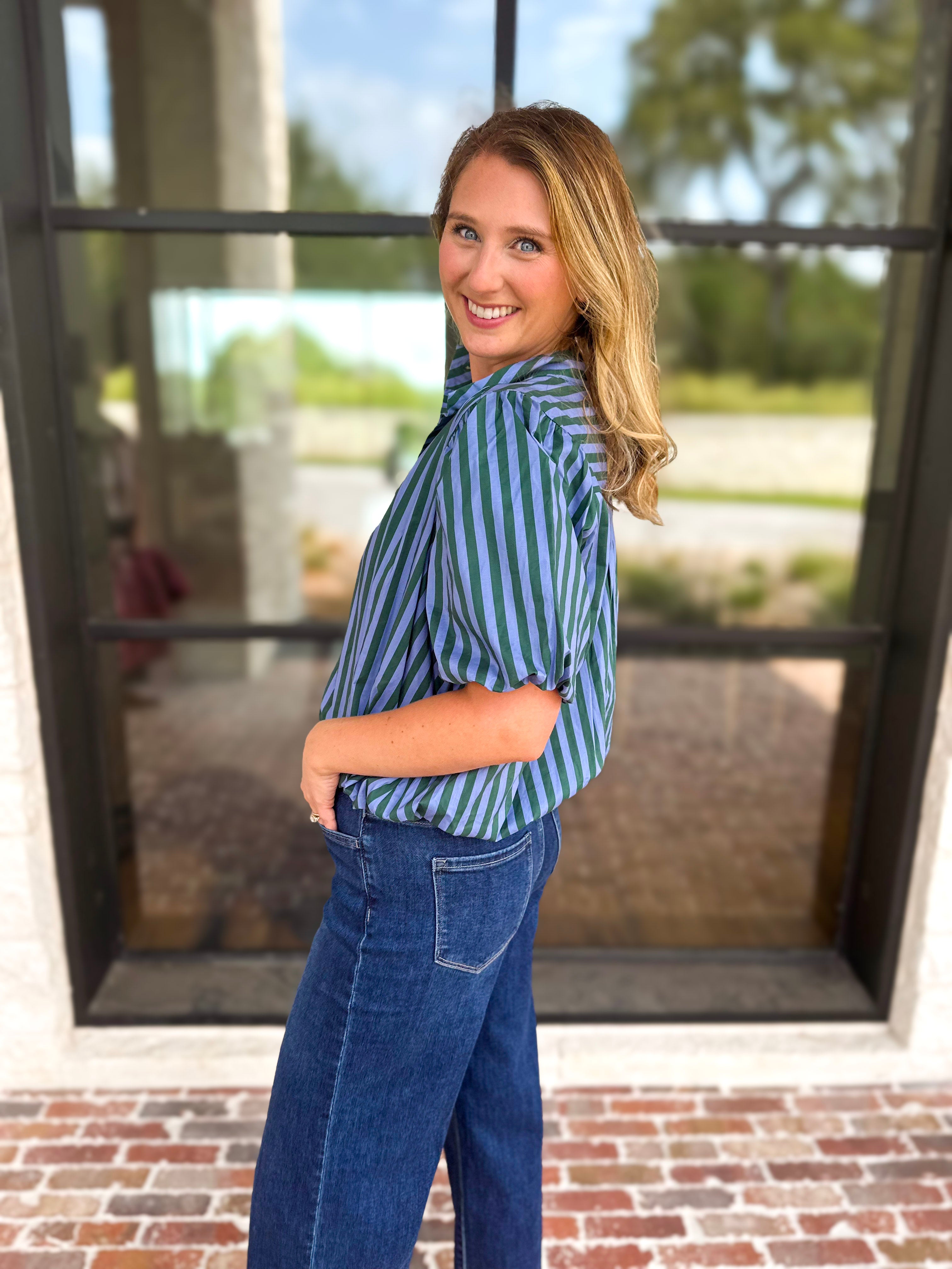 Coffee Date Blouse - Blue & Hunter-200 Fashion Blouses-ENTRO-July & June Women's Fashion Boutique Located in San Antonio, Texas