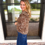 Liverpool - Willow Espresso Ruffle Blouse-200 Fashion Blouses-LIVERPOOL JEANS COMPANY-July & June Women's Fashion Boutique Located in San Antonio, Texas