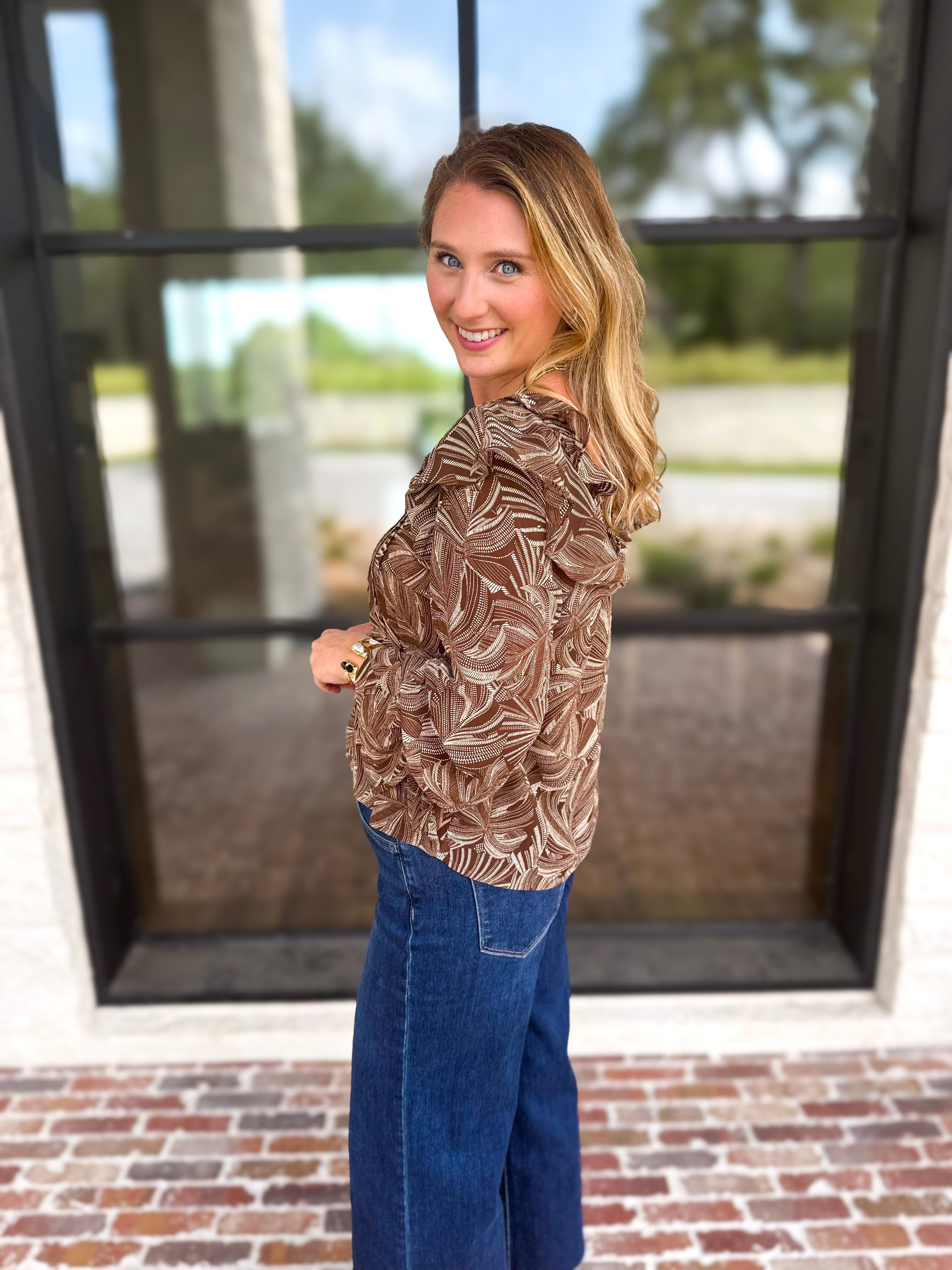 Liverpool - Willow Espresso Ruffle Blouse-200 Fashion Blouses-LIVERPOOL JEANS COMPANY-July & June Women's Fashion Boutique Located in San Antonio, Texas
