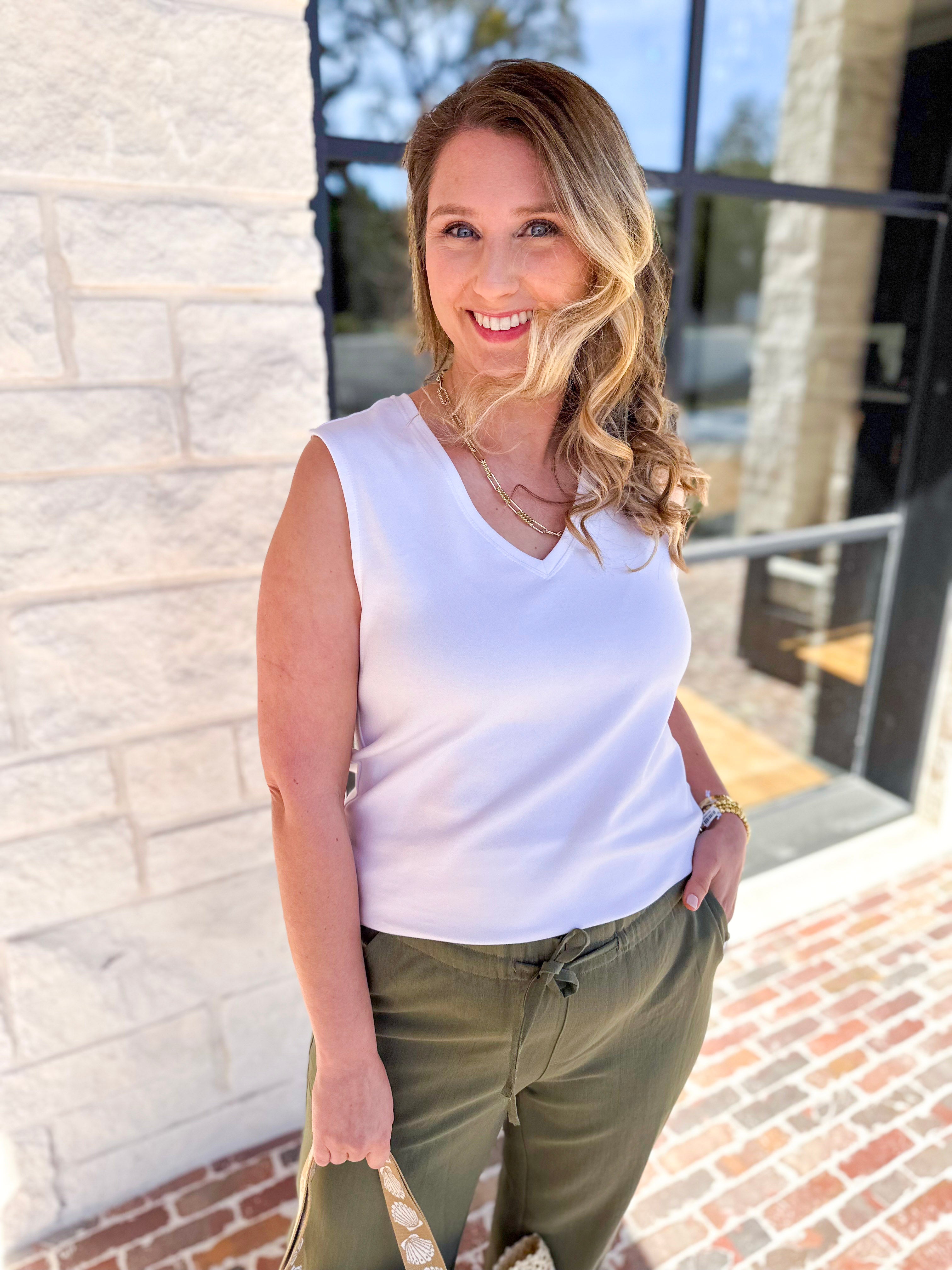 LIVERPOOL - Sleeveless V-Neck Knit Tank - White-210 Casual Blouses-LIVERPOOL JEANS COMPANY-July & June Women's Fashion Boutique Located in San Antonio, Texas