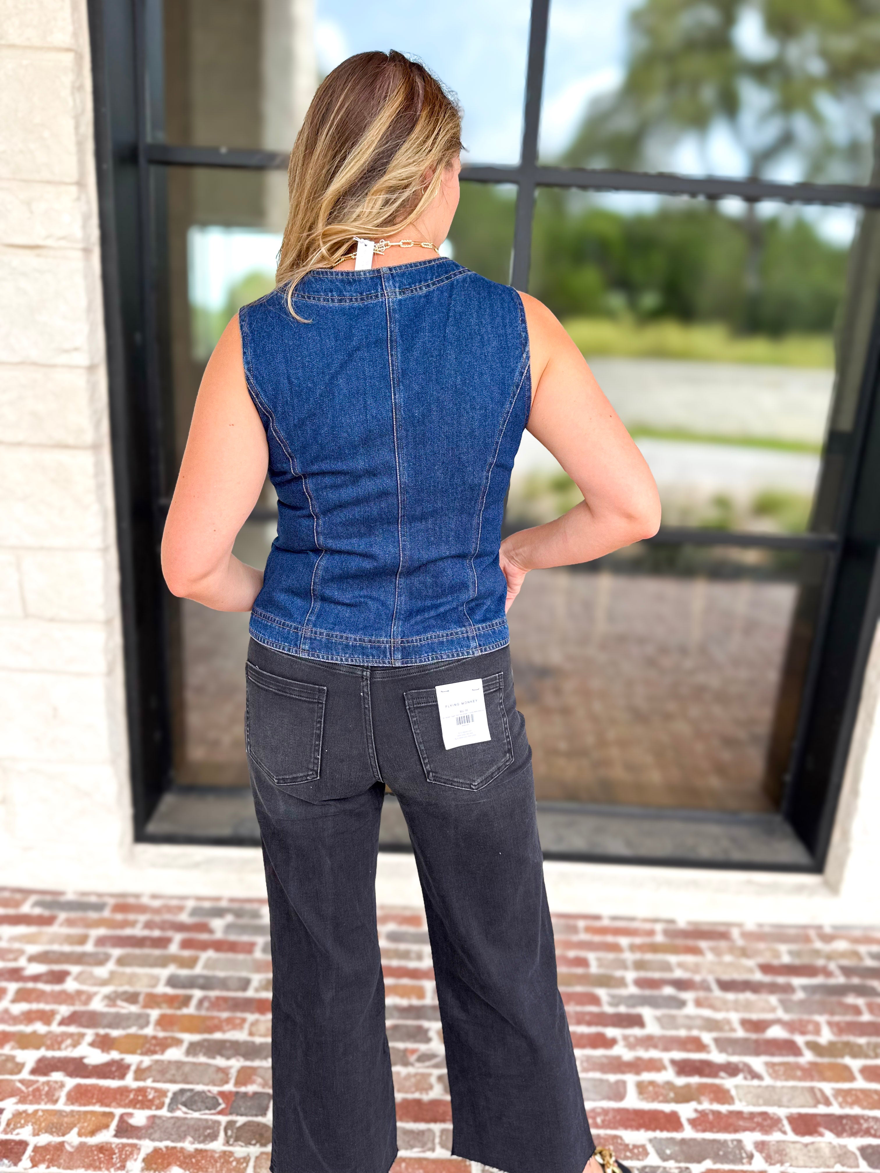 Current Air - Chic Denim Floral Vest-200 Fashion Blouses-CURRENT AIR CLOTHING-July & June Women's Fashion Boutique Located in San Antonio, Texas