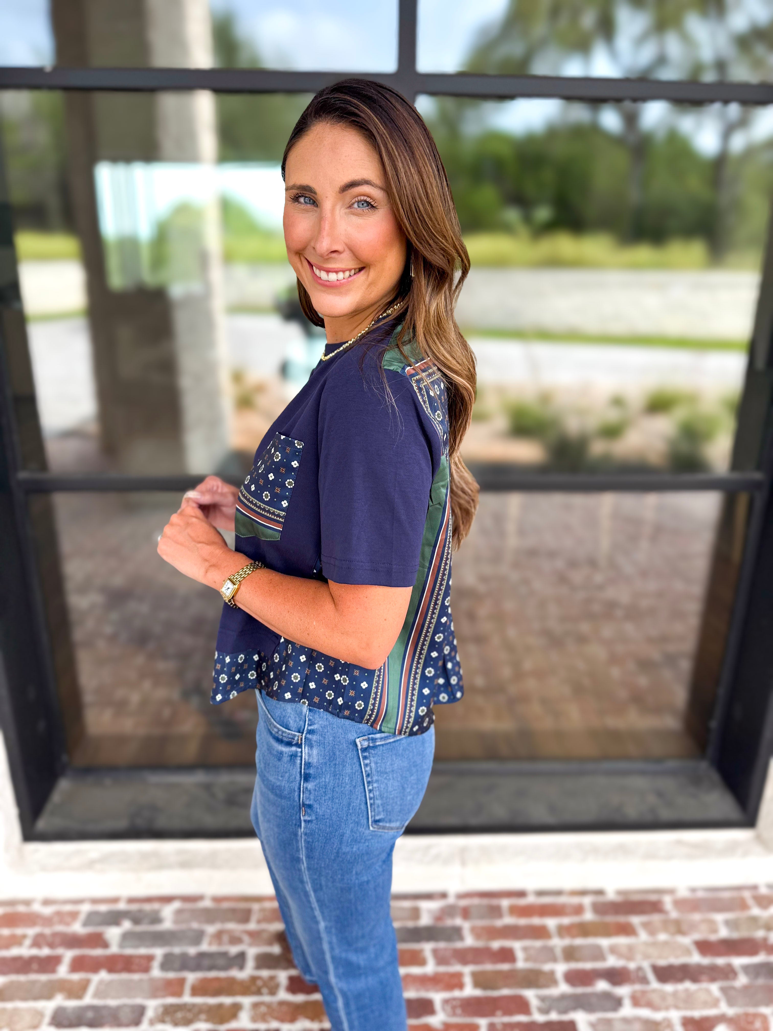 Current Air - Mix It Up Navy Blouse-200 Fashion Blouses-CURRENT AIR CLOTHING-July & June Women's Fashion Boutique Located in San Antonio, Texas