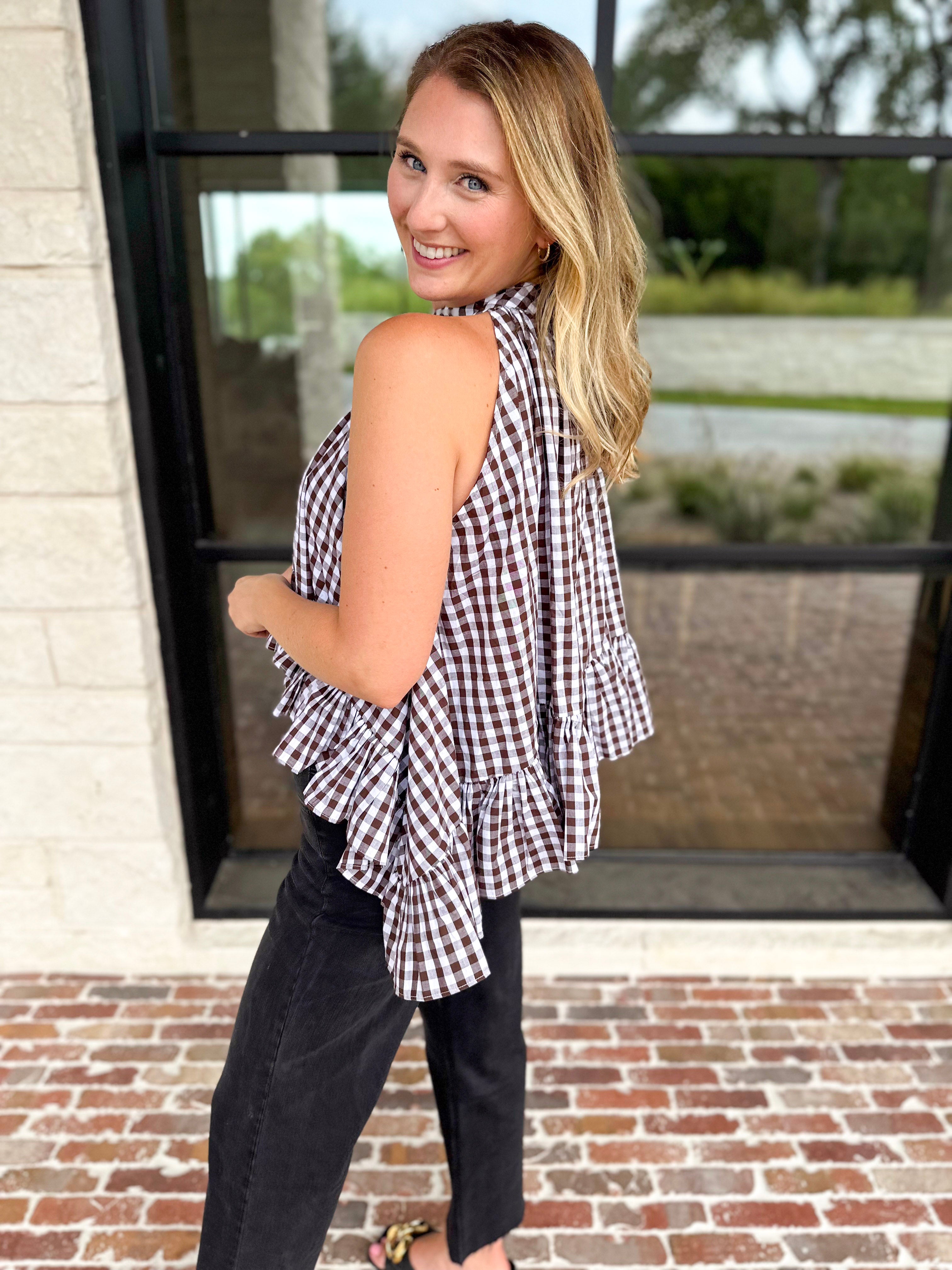 Delia Gingham Halter Blouse-200 Fashion Blouses-OLIVACEOUS-July & June Women's Fashion Boutique Located in San Antonio, Texas