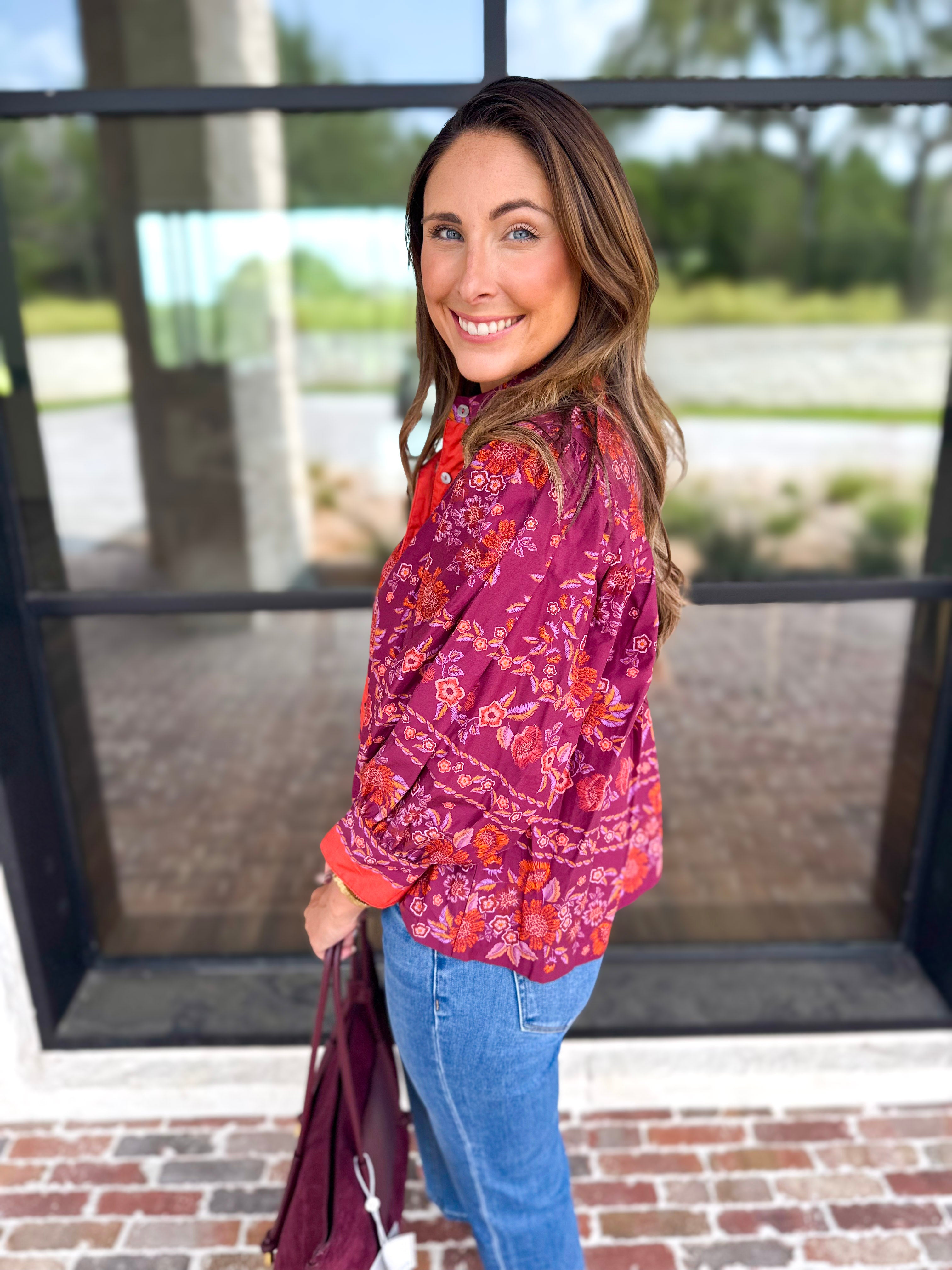 Spiced Plum Floral Blouse-200 Fashion Blouses-ENTRO-July & June Women's Fashion Boutique Located in San Antonio, Texas