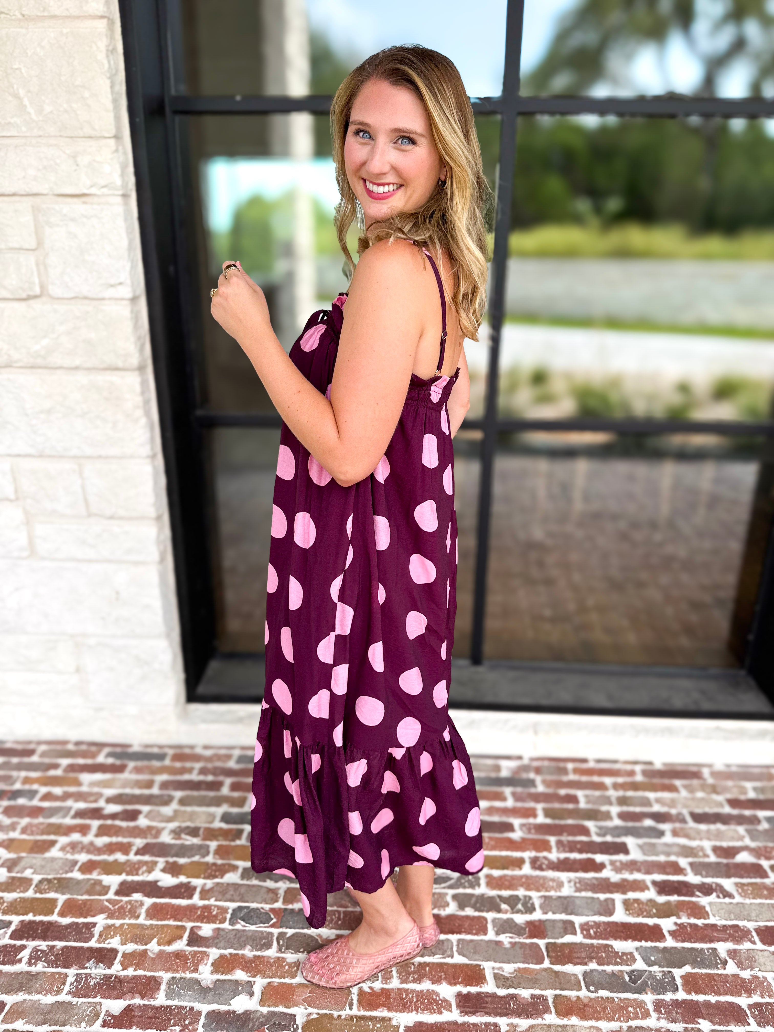 Pink Ganache Polka Dot Midi Dress-500 Midi-ENTRO-July & June Women's Fashion Boutique Located in San Antonio, Texas