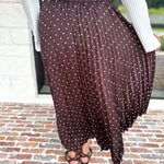 Chocolate Brown Polka Dot Midi Skirt-500 Midi-SKIES ARE BLUE-July & June Women's Fashion Boutique Located in San Antonio, Texas