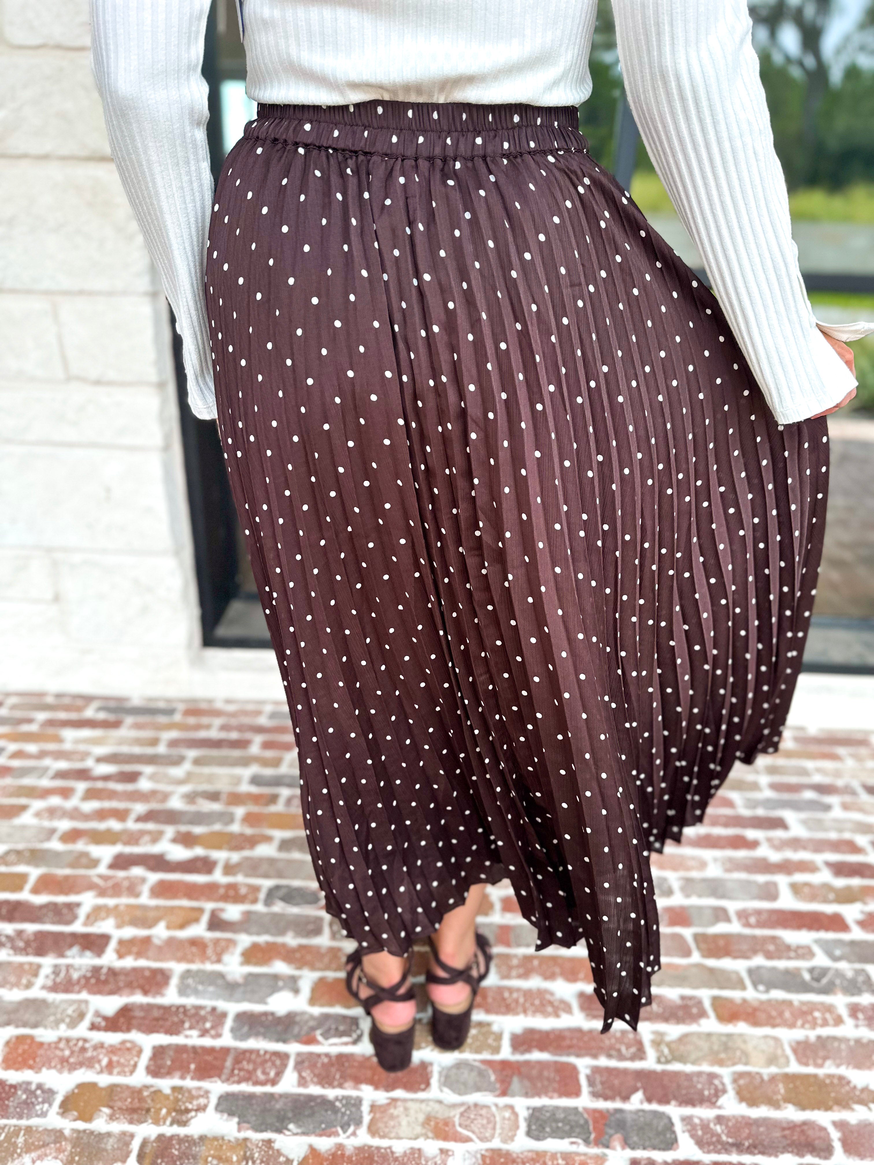 Chocolate Brown Polka Dot Midi Skirt-500 Midi-SKIES ARE BLUE-July & June Women's Fashion Boutique Located in San Antonio, Texas