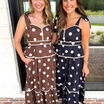 Polka Dot Peplum Midi Dress - Black-500 Midi-ENTRO-July & June Women's Fashion Boutique Located in San Antonio, Texas